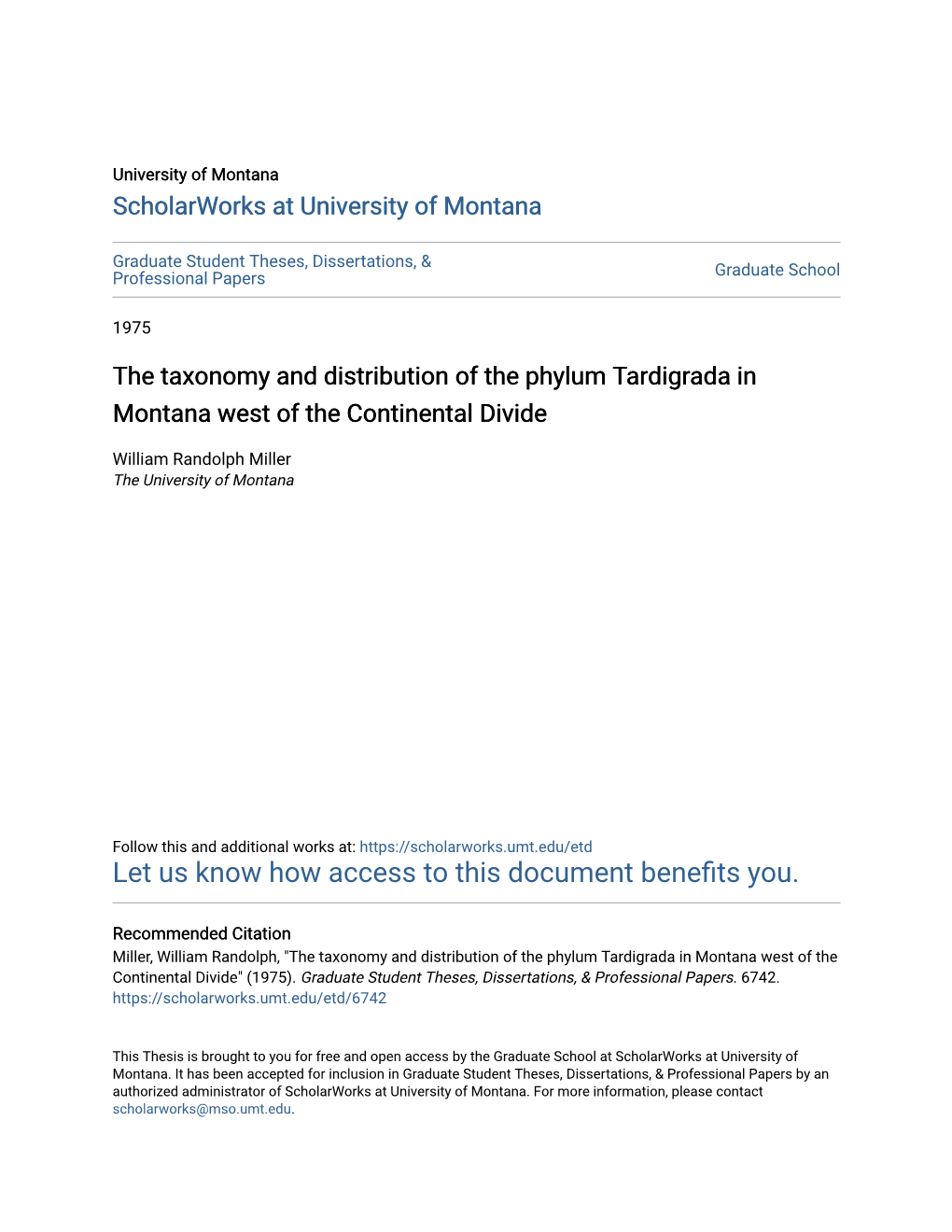 The Taxonomy and Distribution of the Phylum Tardigrada in Montana West of the Continental Divide