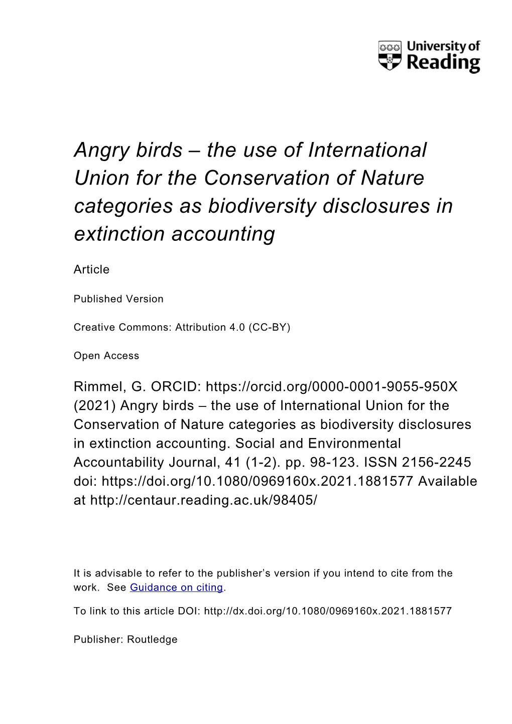 Angry Birds – the Use of International Union for the Conservation of Nature Categories As Biodiversity Disclosures in Extinction Accounting