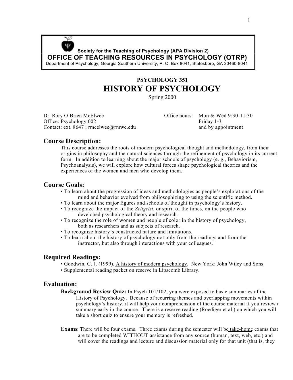 HISTORY of PSYCHOLOGY Spring 2000
