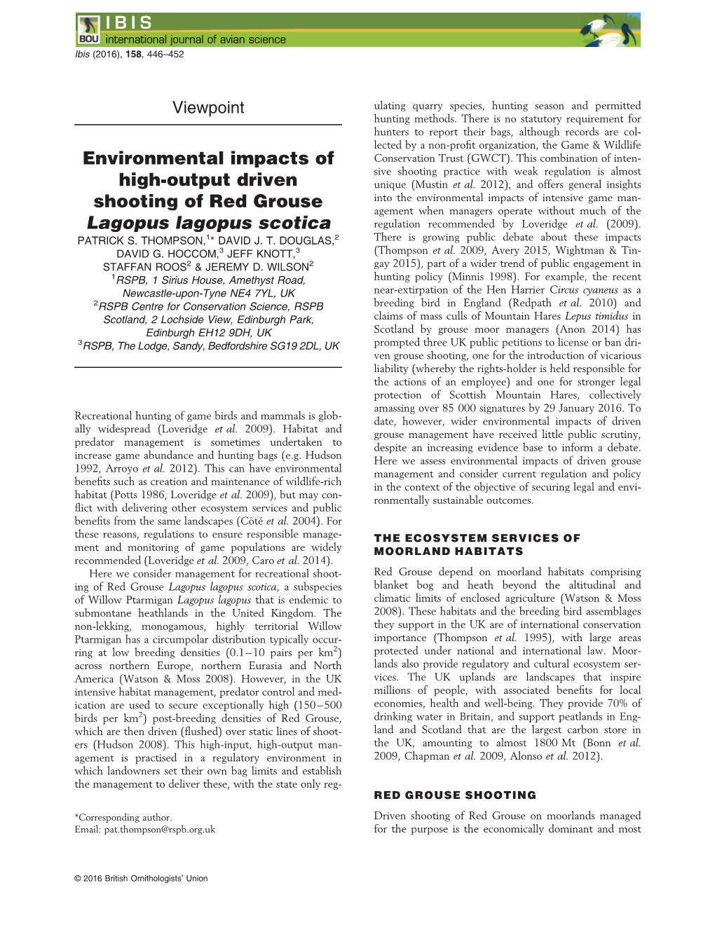 Environmental Impacts of High-Output Driven Shooting of Red Grouse Lagopus Lagopus Scotica