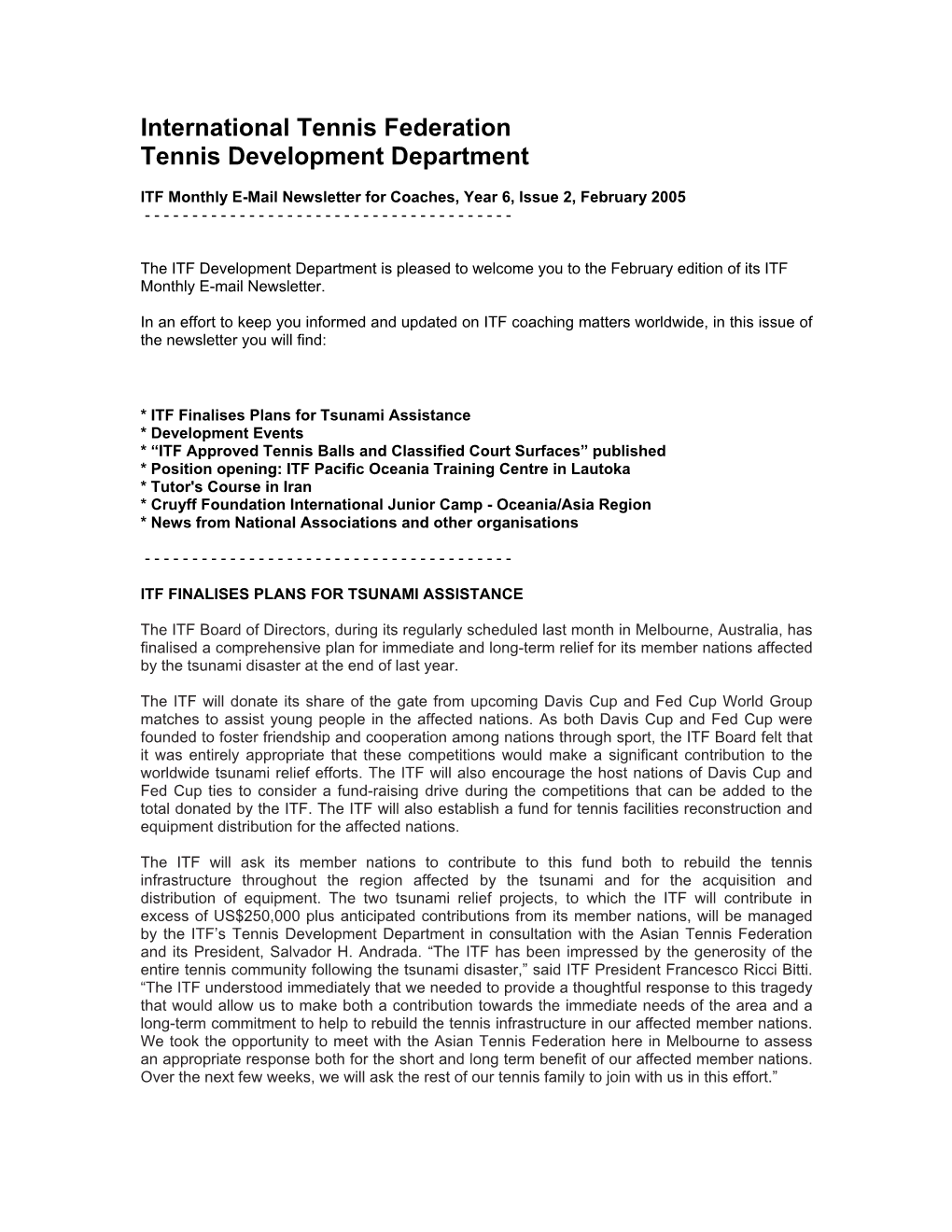 International Tennis Federation Tennis Development Department