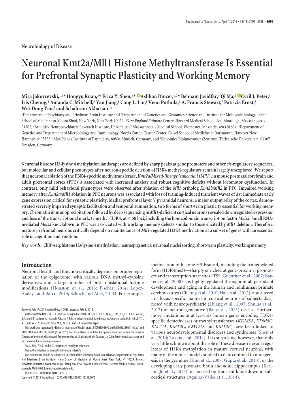 Neuronal Kmt2a/Mll1 Histone Methyltransferase Is Essential for Prefrontal Synaptic Plasticity and Working Memory