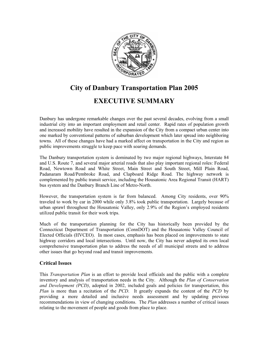 City of Danbury Transportation Plan 2005 EXECUTIVE SUMMARY