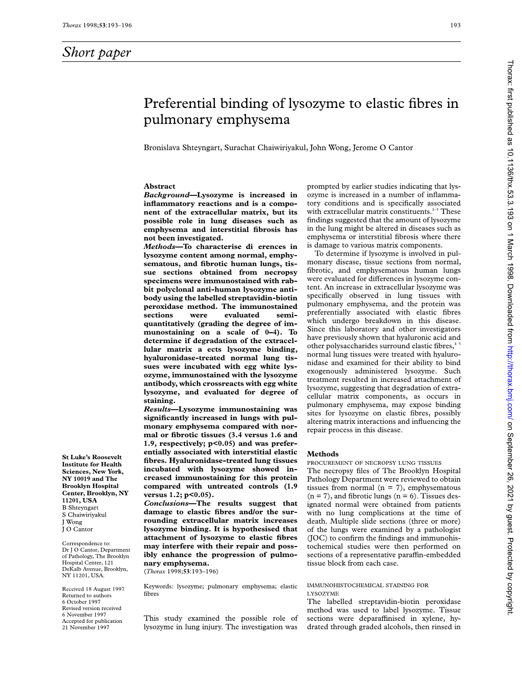 Short Paper Preferential Binding of Lysozyme to Elastic Fibres in Pulmonary Emphysema