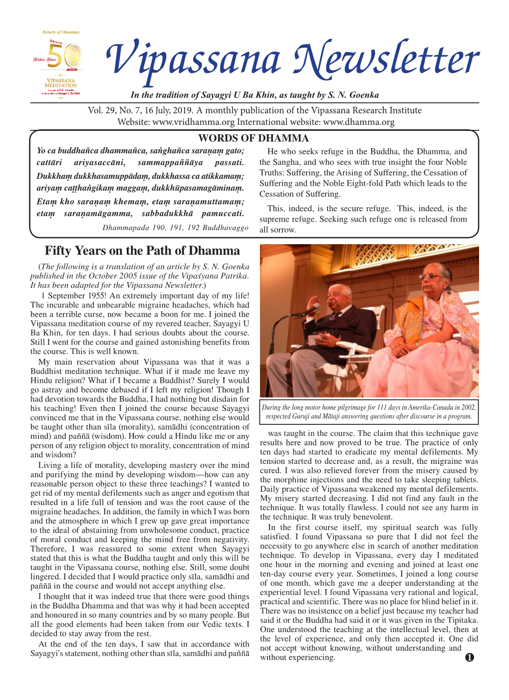 Vipassana Newsletter in the Tradition of Sayagyi U Ba Khin, As Taught by S