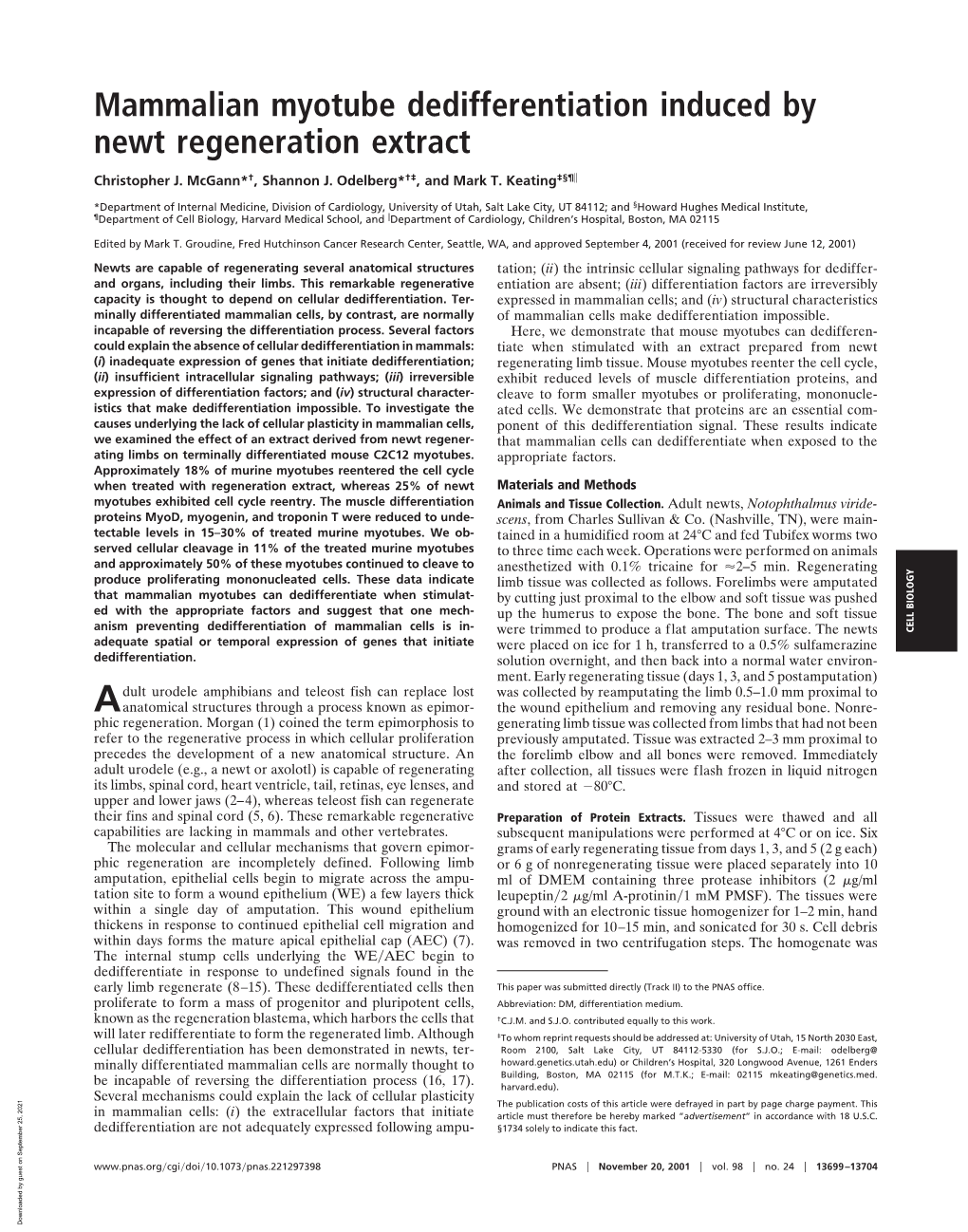 Mammalian Myotube Dedifferentiation Induced by Newt Regeneration Extract