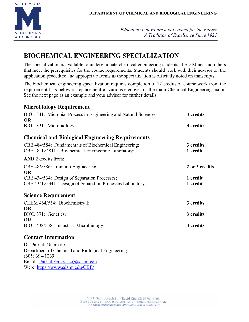 Biochemical Engineering Specialization (Bp)
