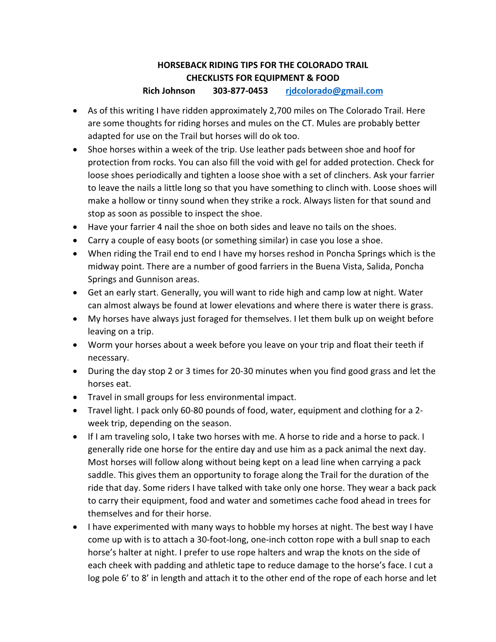 HORSEBACK RIDING TIPS for the COLORADO TRAIL CHECKLISTS for EQUIPMENT & FOOD Rich Johnson 303-877-0453 Rjdcolorado@Gmail.Com