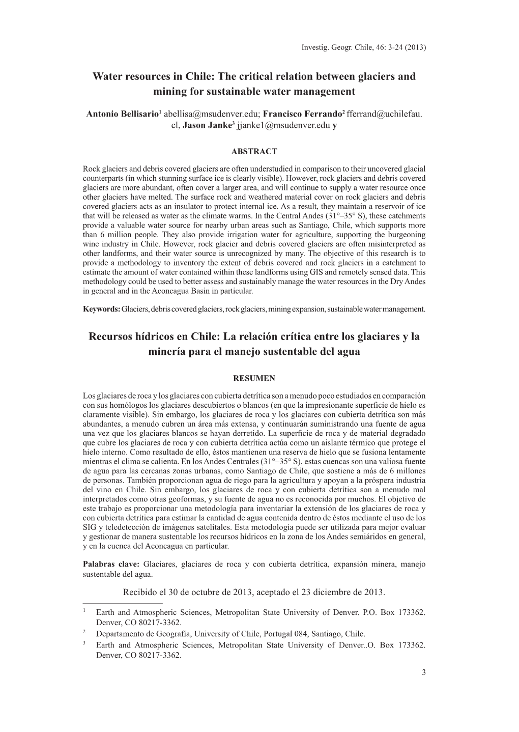 Water Resources in Chile: the Critical Relation Between Glaciers and Mining for Sustainable Water Management Recursos Hídricos