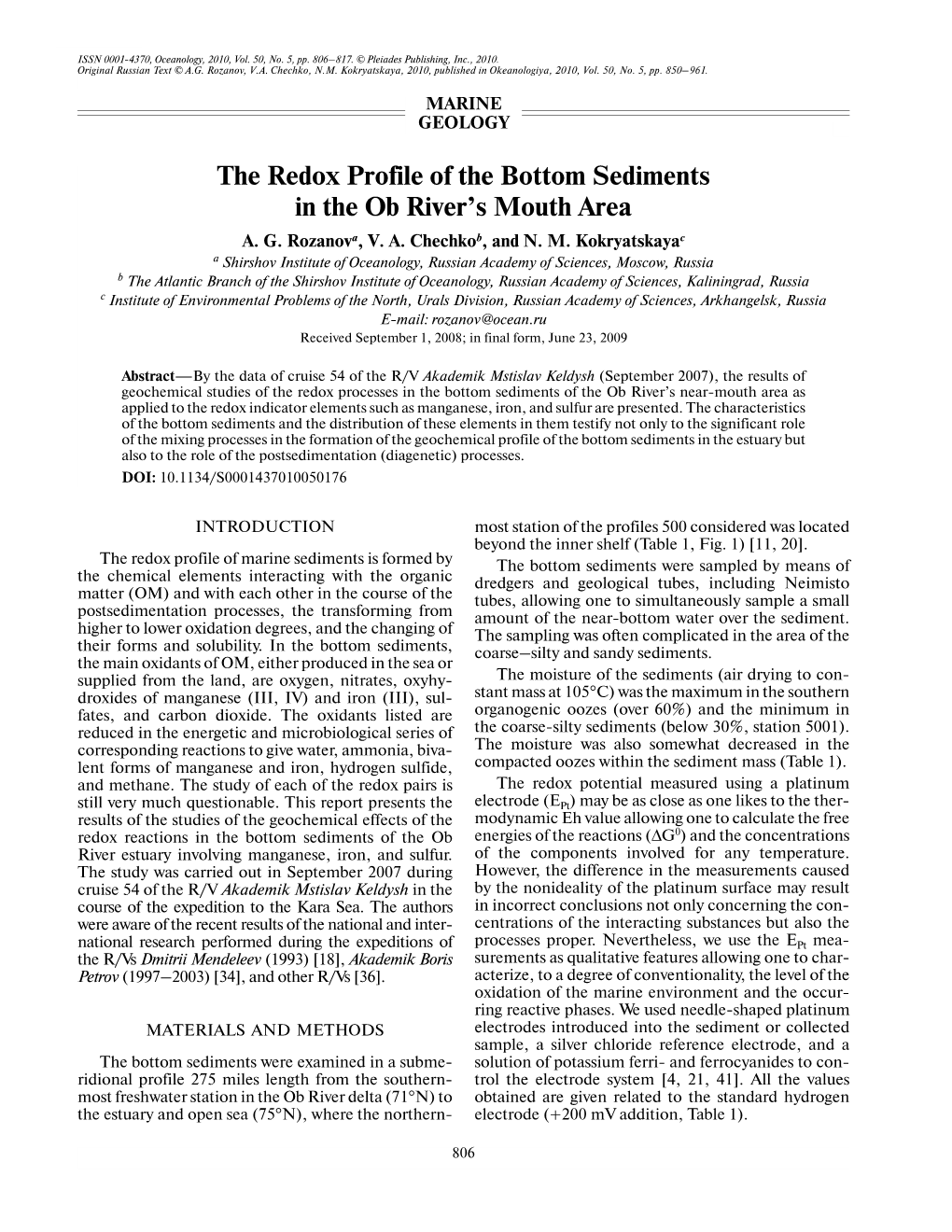 The Redox Profile of the Bottom Sediments in the Ob River's Mouth