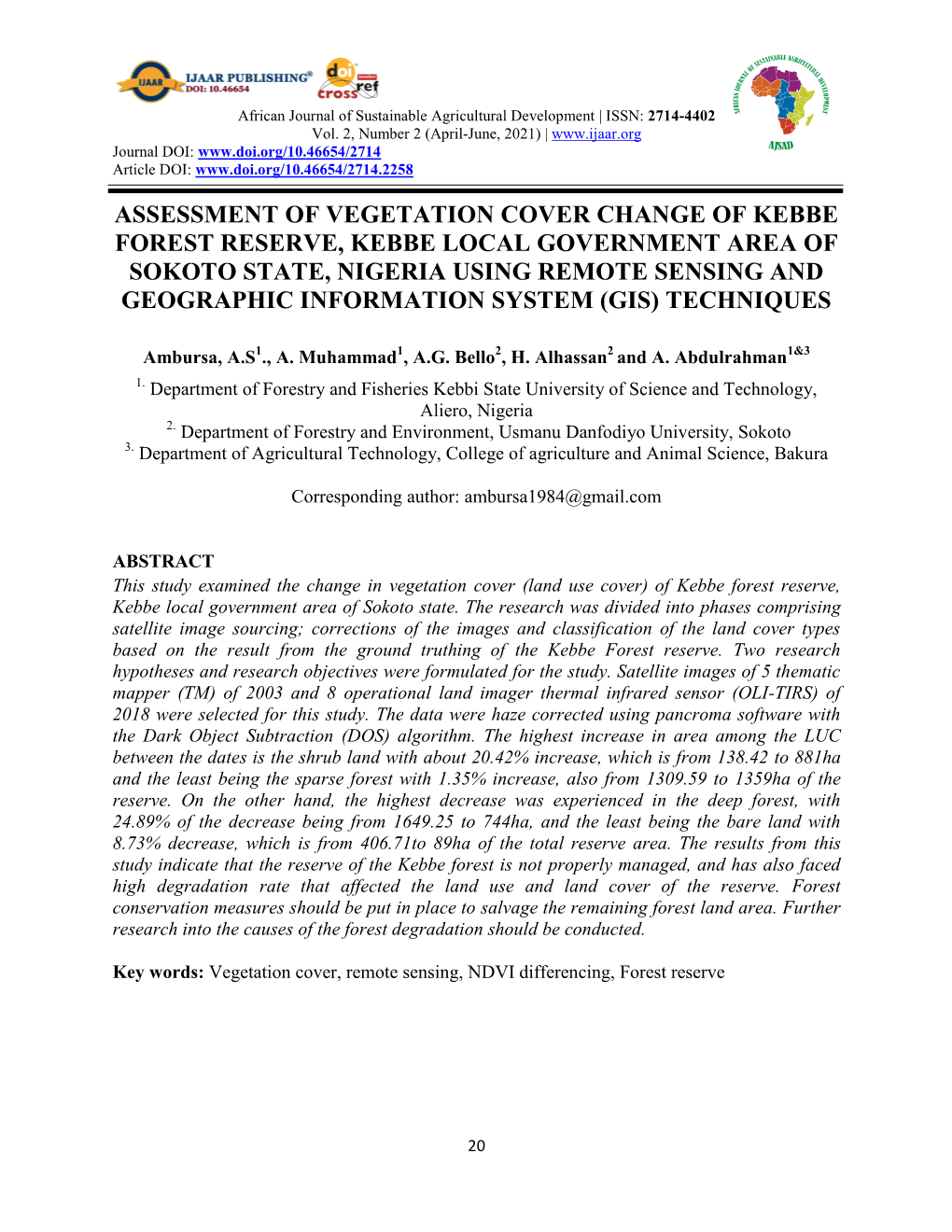 Assessment of Vegetation Cover Change of Kebbe Forest Reserve