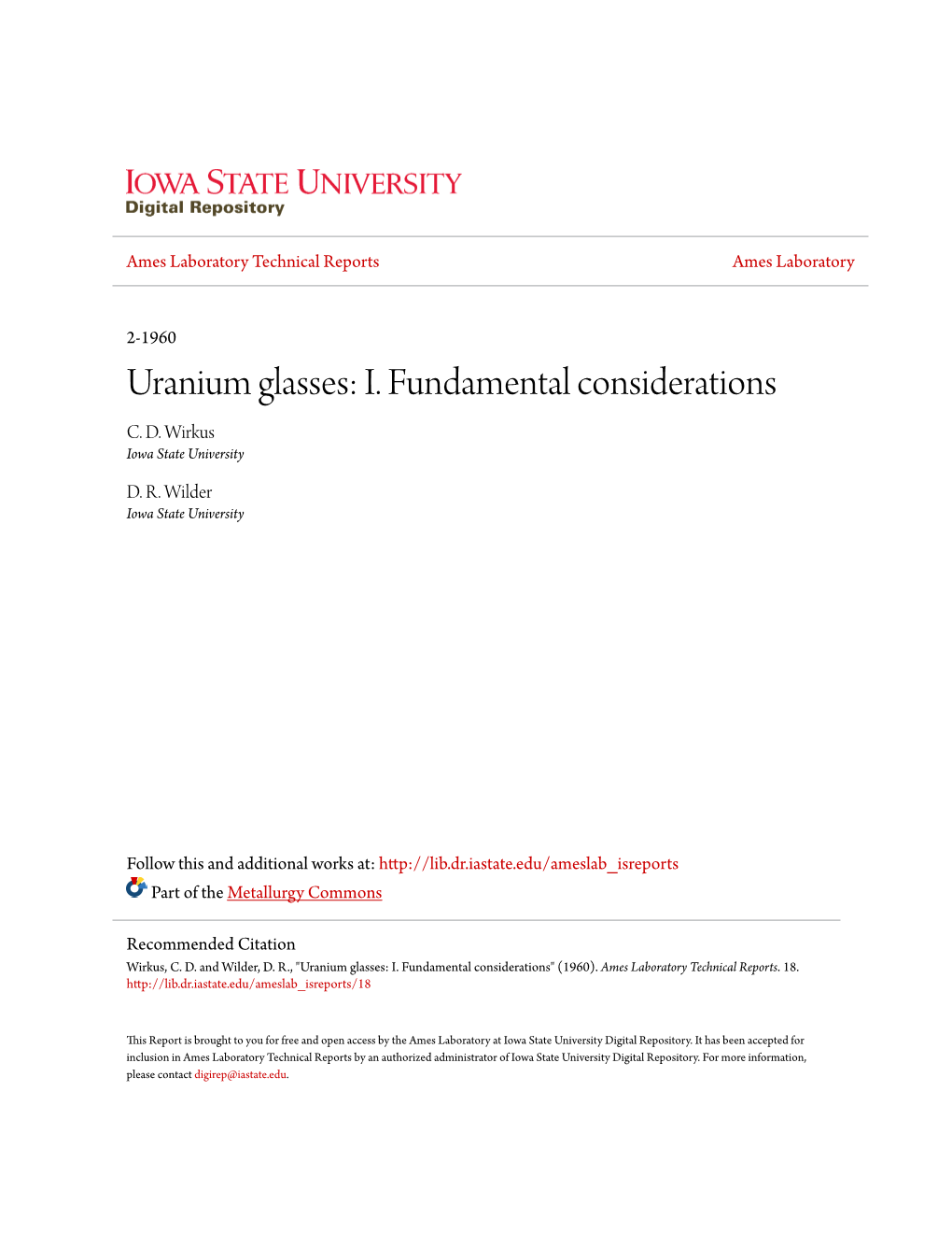 Uranium Glasses: I. Fundamental Considerations C