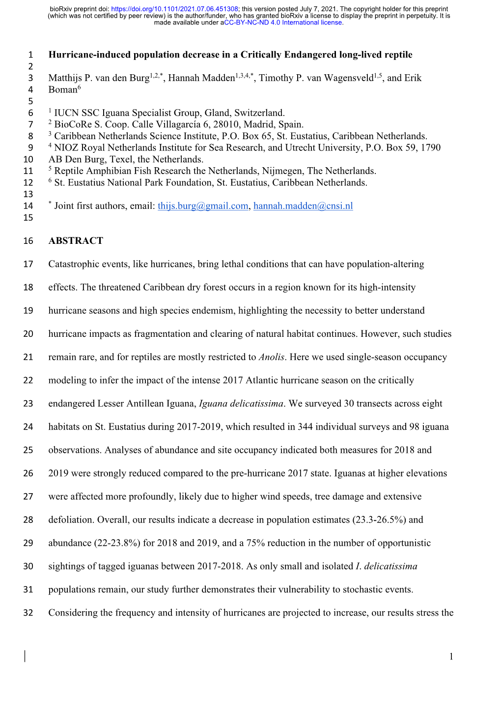 Hurricane-Induced Population Decrease in a Critically Endangered Long-Lived Reptile 2 3 Matthijs P