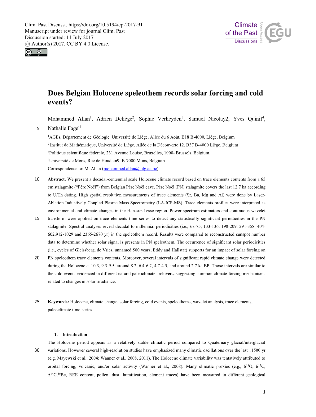 Does Belgian Holocene Speleothem Records Solar Forcing and Cold Events?