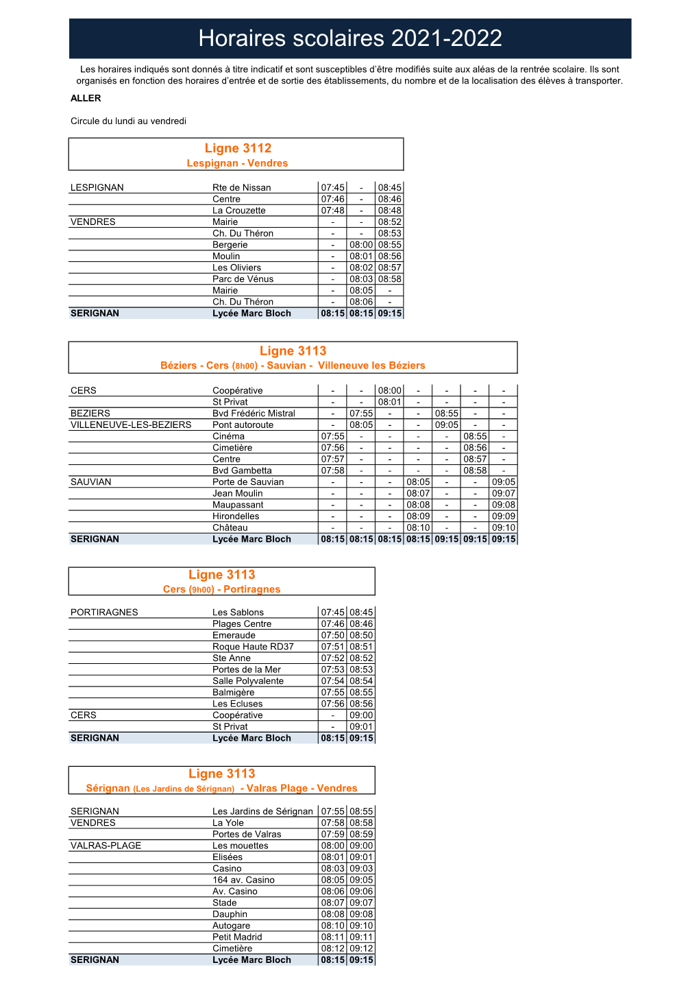 Horaires Scolaires 2021-2022