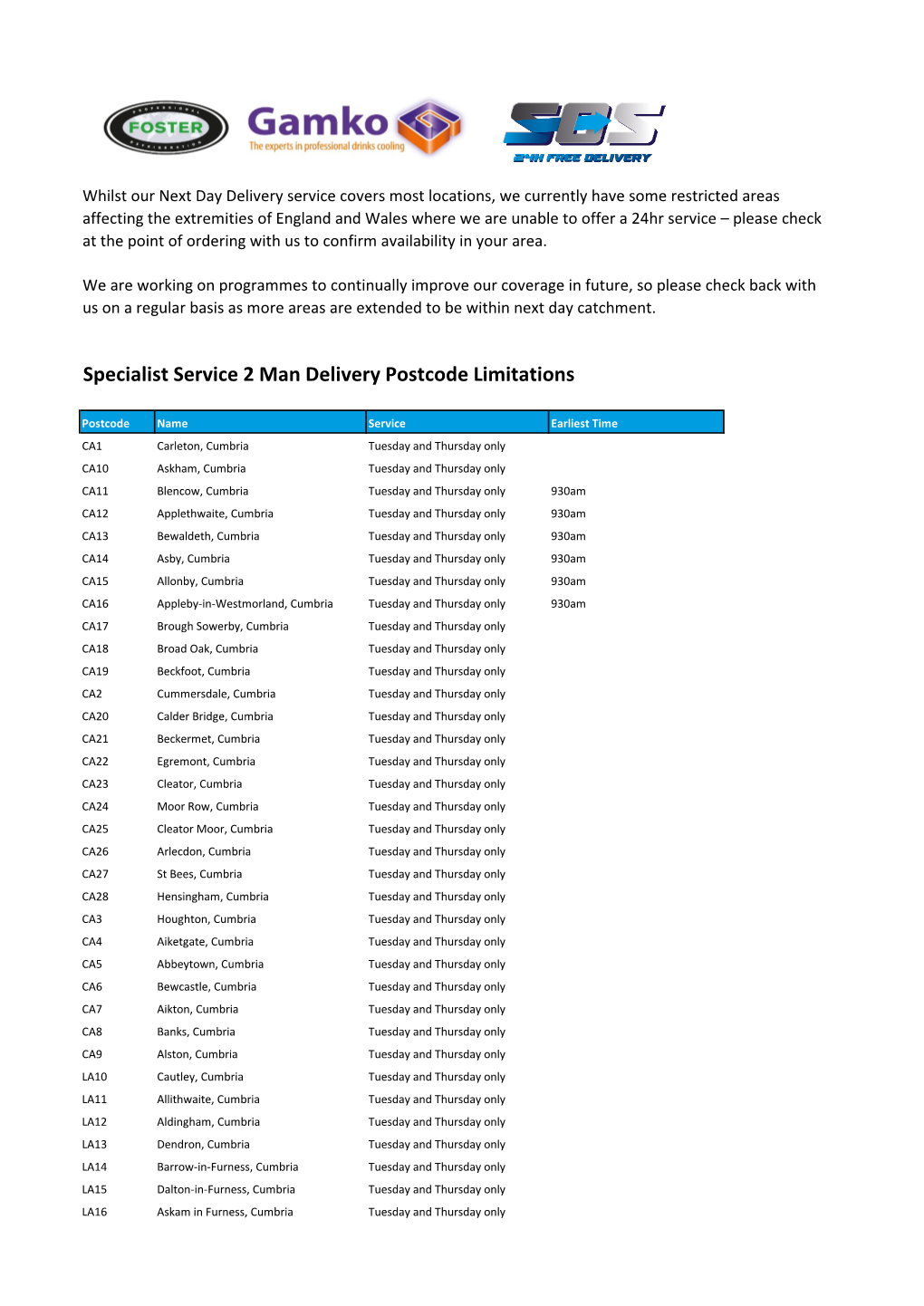 Specialist Service 2 Man Delivery Postcode Limitations