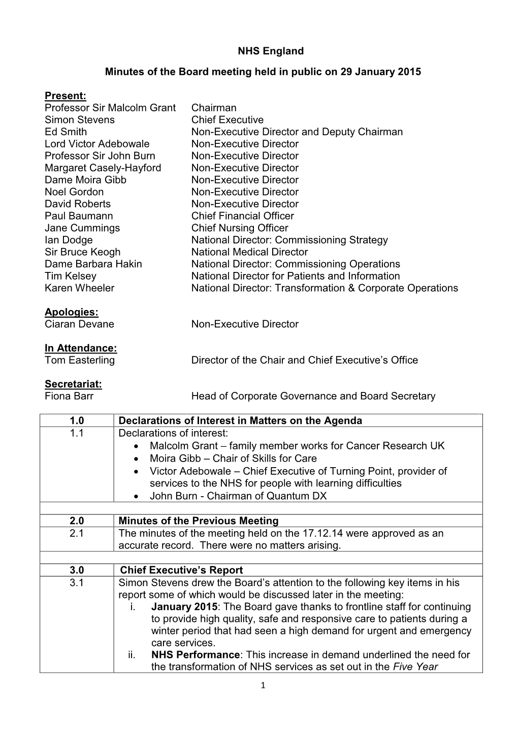 NHS England Minutes of the Board Meeting Held in Public on 29 January 2015