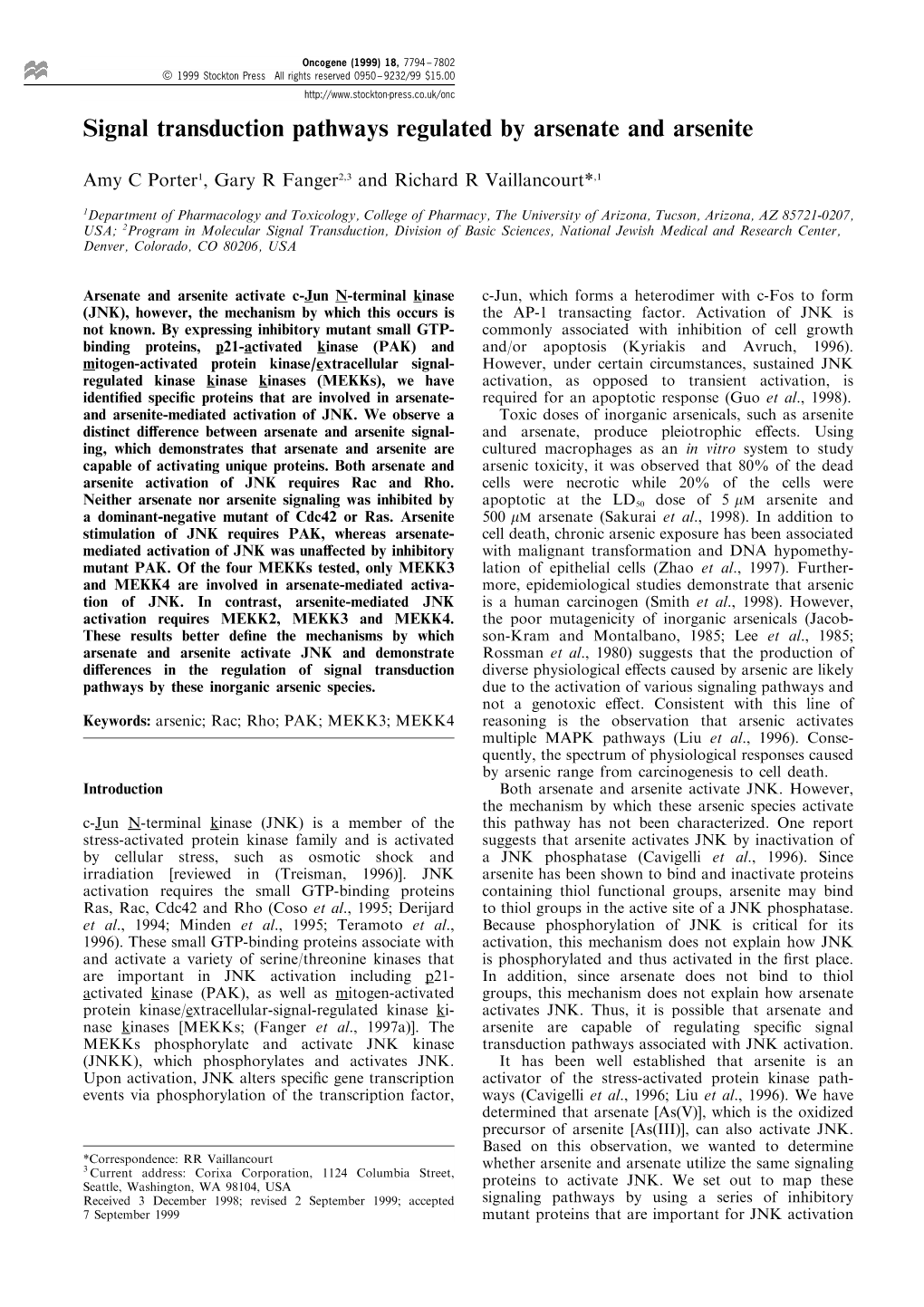 Signal Transduction Pathways Regulated by Arsenate and Arsenite