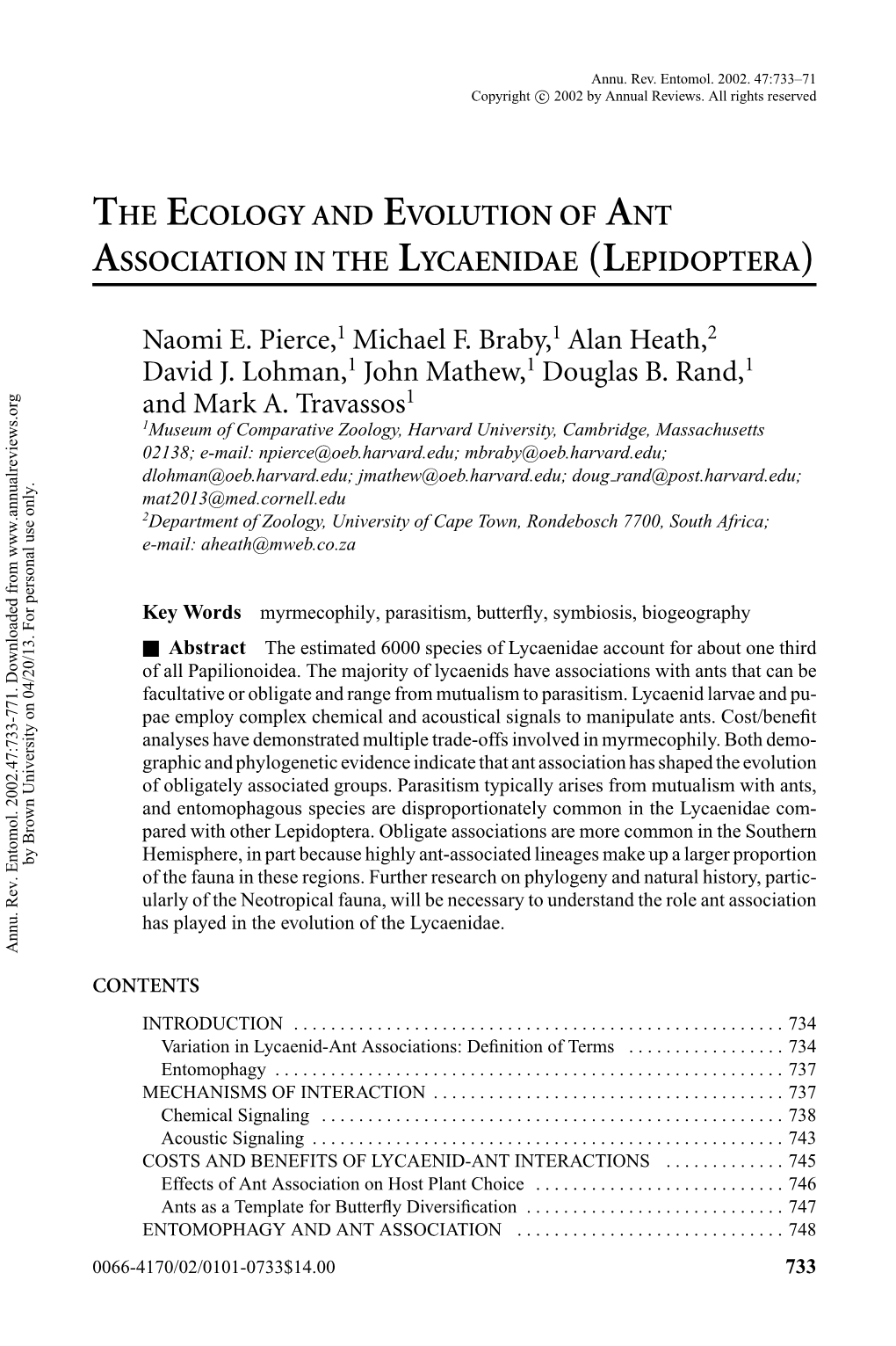 The Ecology and Evolution of Ant Association in the Lycaenidae (Lepidoptera)