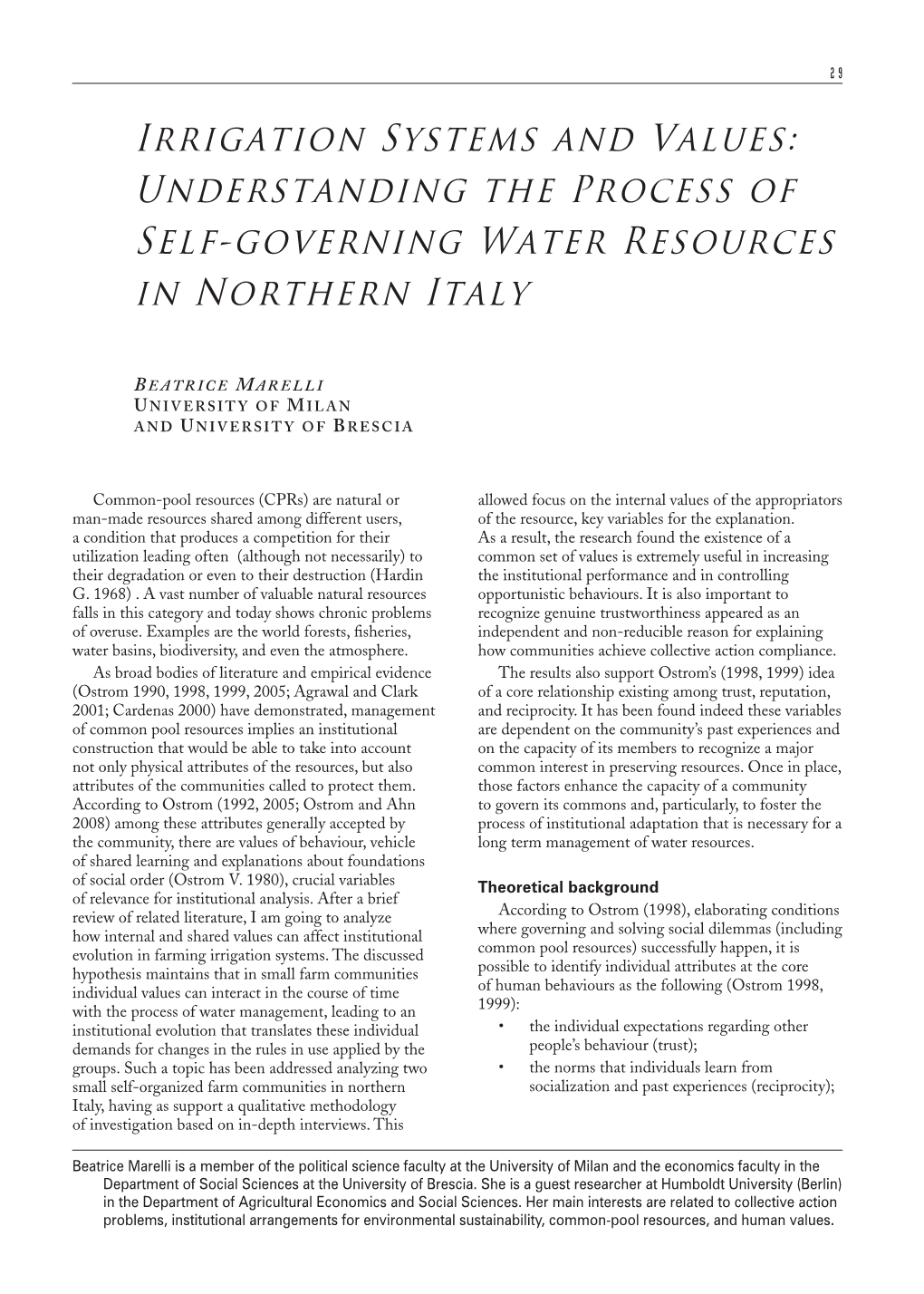 Irrigation Systems and Values: Understanding the Process of Self-Governing Water Resources in Northern Italy