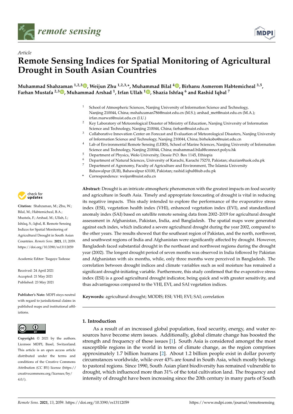 Remote Sensing Indices for Spatial Monitoring of Agricultural Drought in South Asian Countries