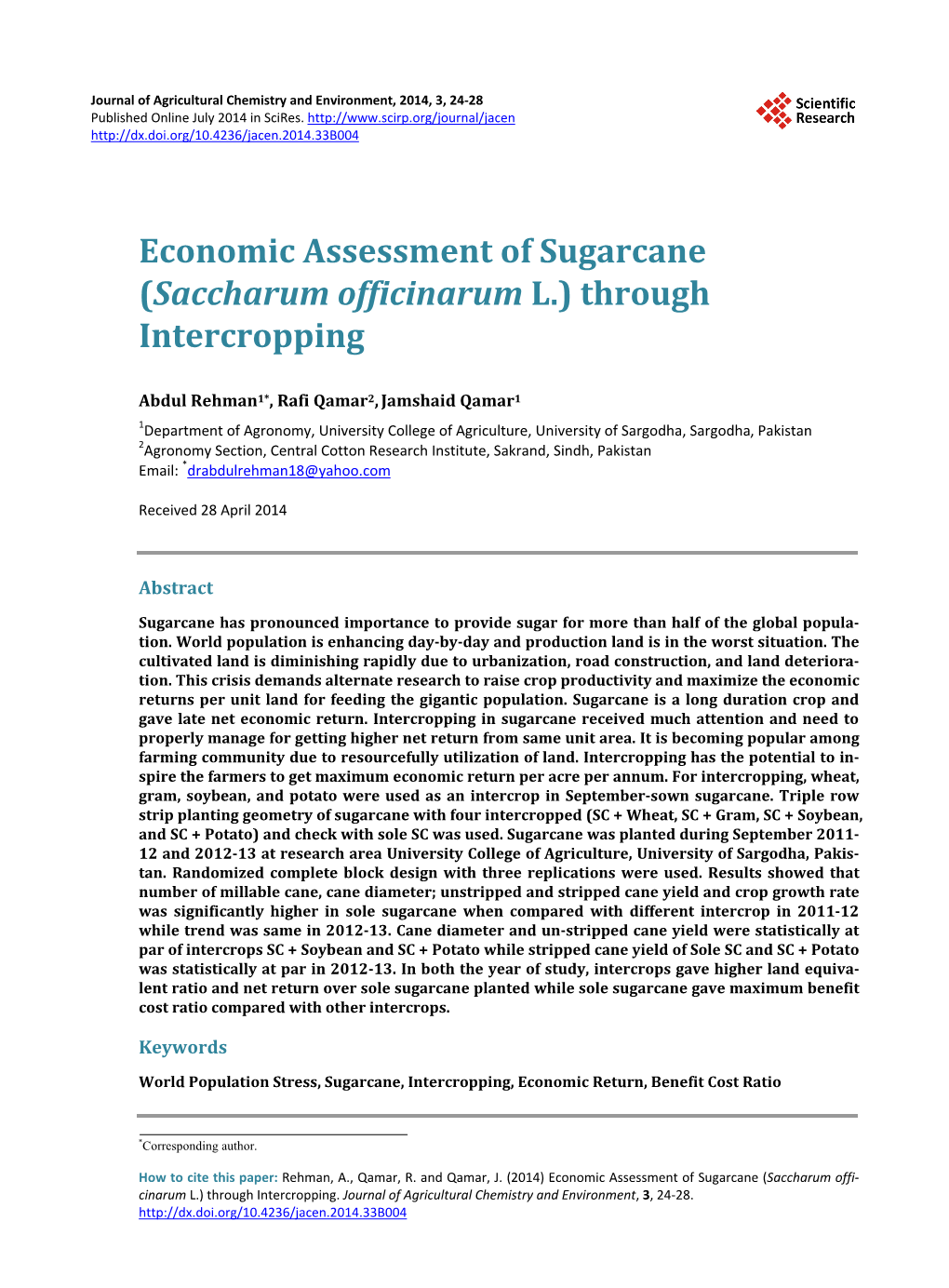 Economic Assessment of Sugarcane (Saccharum Officinarum L.) Through Intercropping