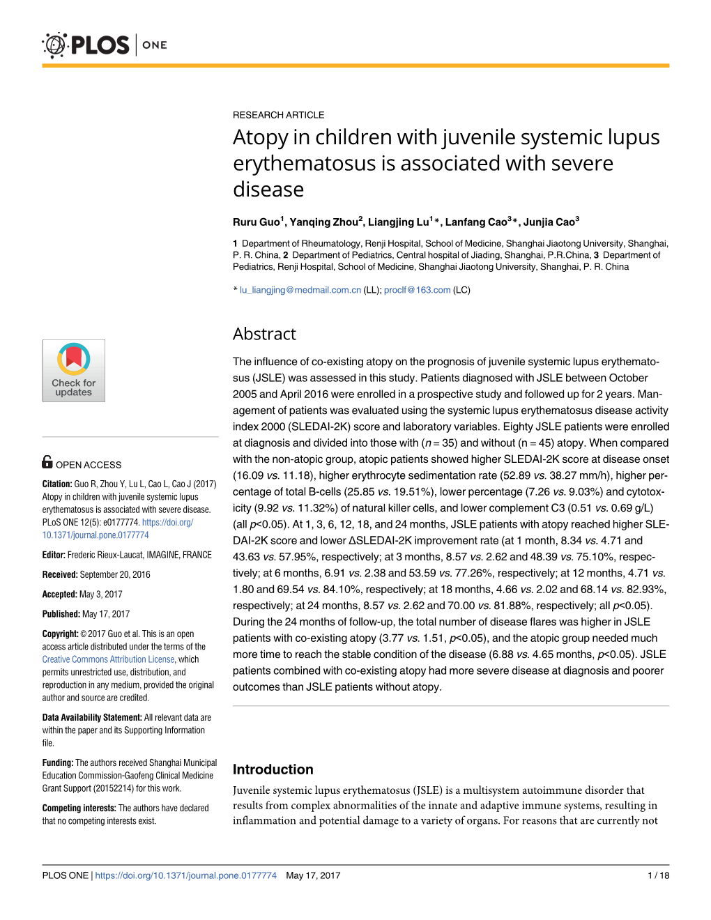 Atopy in Children with Juvenile Systemic Lupus Erythematosus Is Associated with Severe Disease