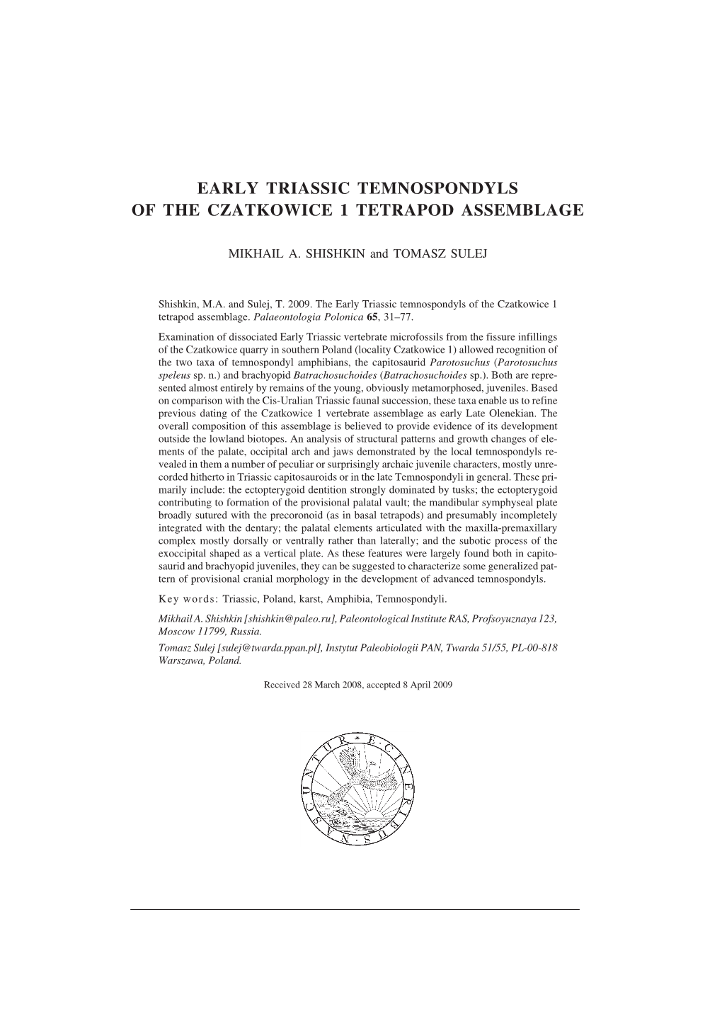 Early Triassic Temnospondyls of the Czatkowice 1 Tetrapod Assemblage