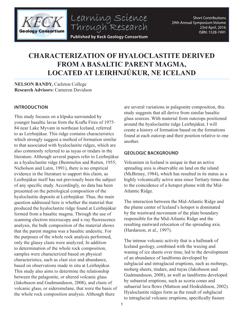 Characterization of Hyaloclastite Derived from a Basaltic Parent Magma, Located at Leirhnjúkur, Ne Iceland