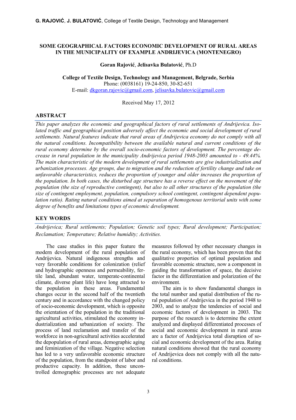 Some Geographical Factors Economic Development of Rural Areas in the Municipality of Example Andrijevica (Montenegro)