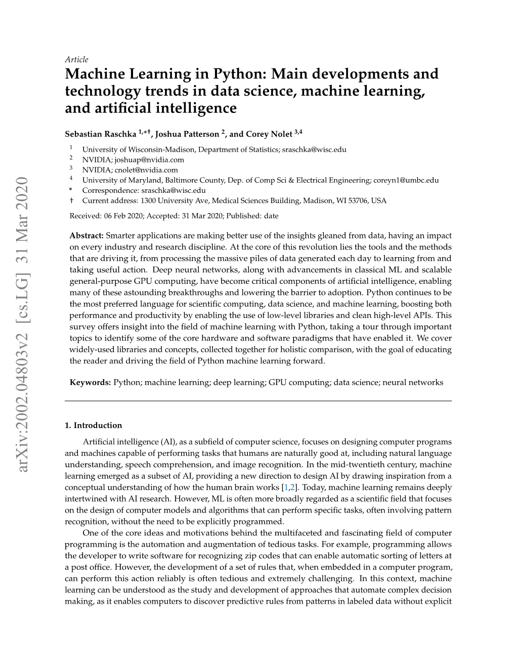 Machine Learning in Python: Main Developments and Technology Trends in Data Science, Machine Learning, and Artiﬁcial Intelligence