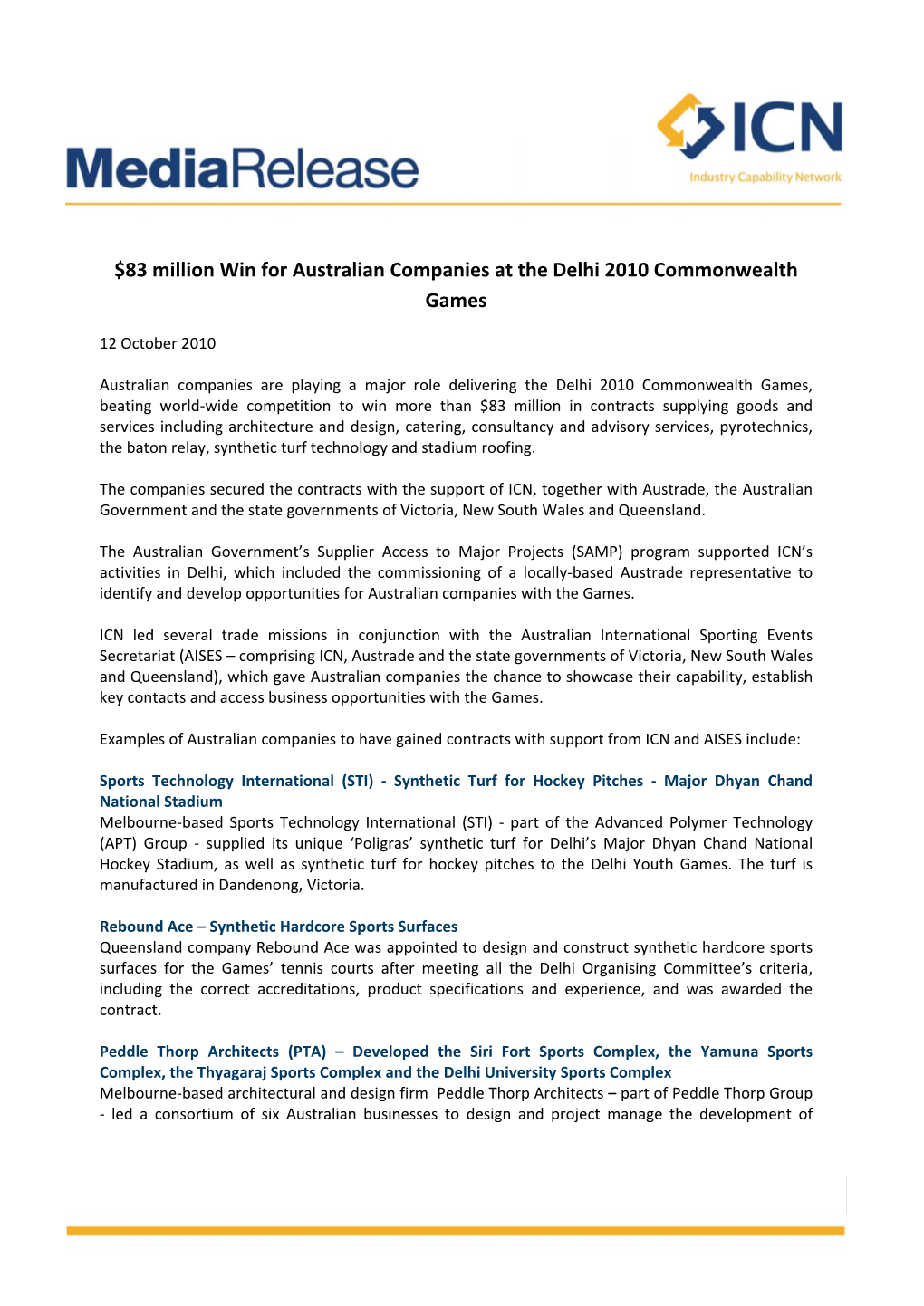 $83 Million Win for Australian Companies at the Delhi 2010 Commonwealth Games