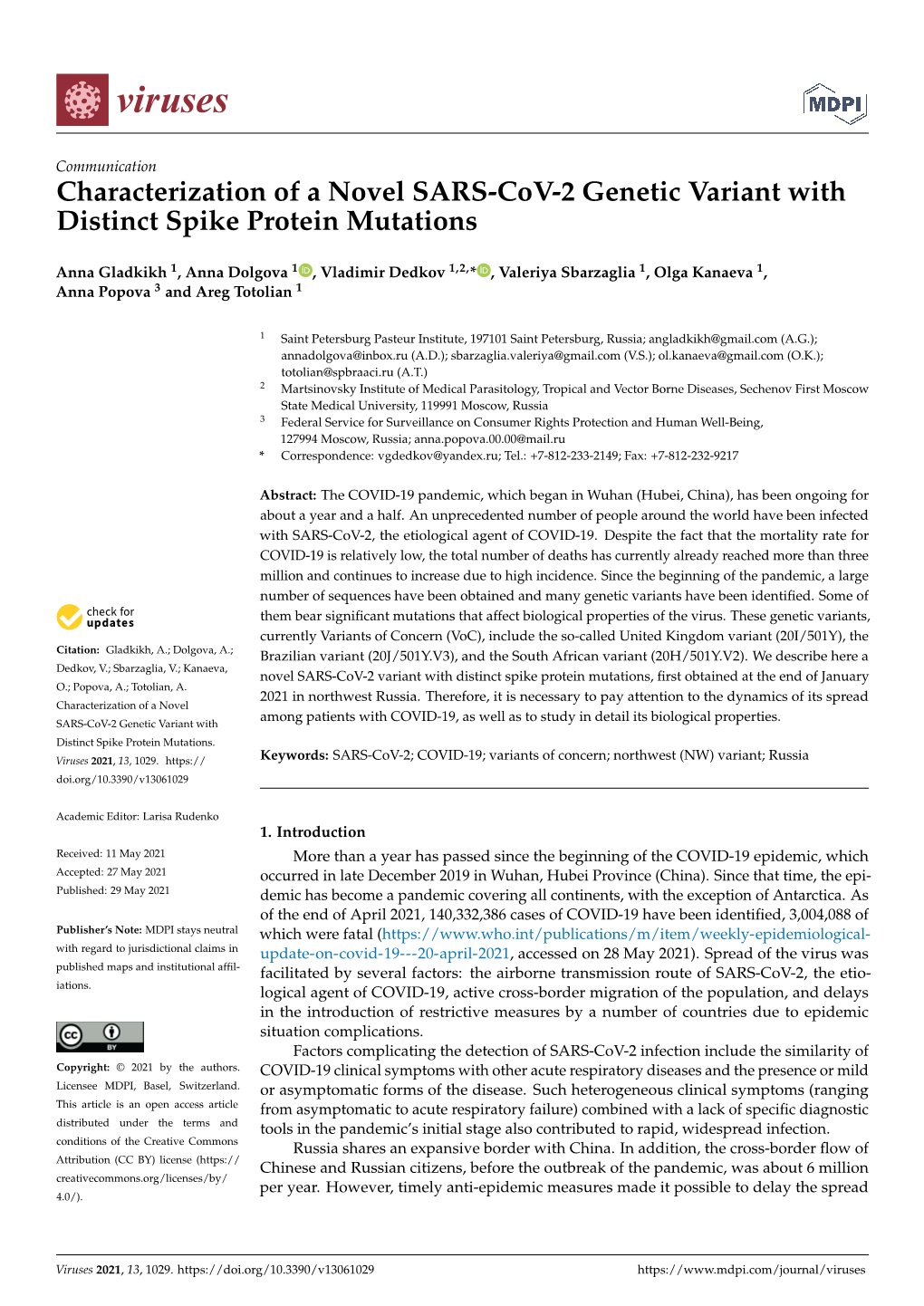 Characterization of a Novel SARS-Cov-2 Genetic Variant with Distinct Spike Protein Mutations