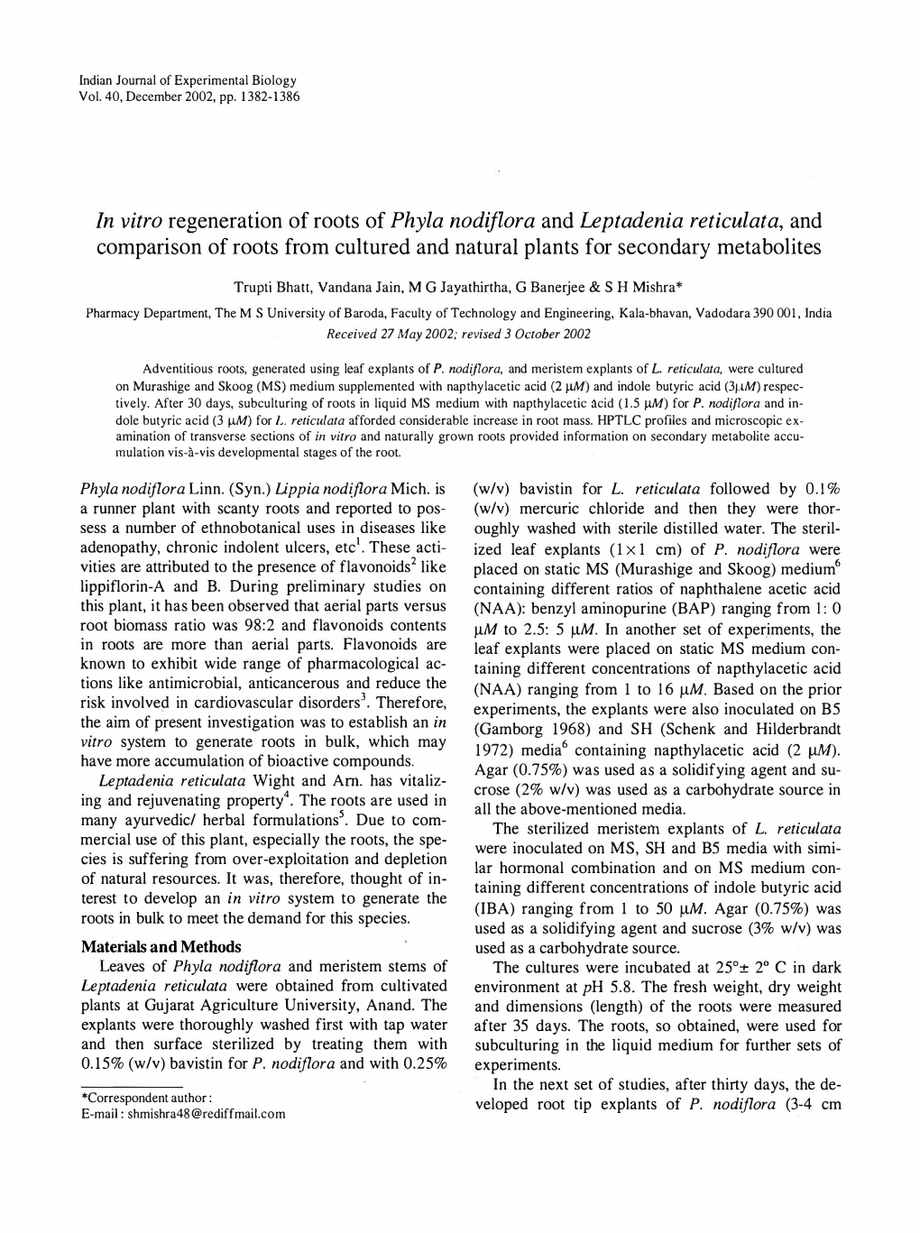 In Vitro Regeneration of Roots of Phyla Nodiflora and Leptadenia Reticulata, and Comparison of Roots from Cultured and Natural Plants for Secondary Metabolites