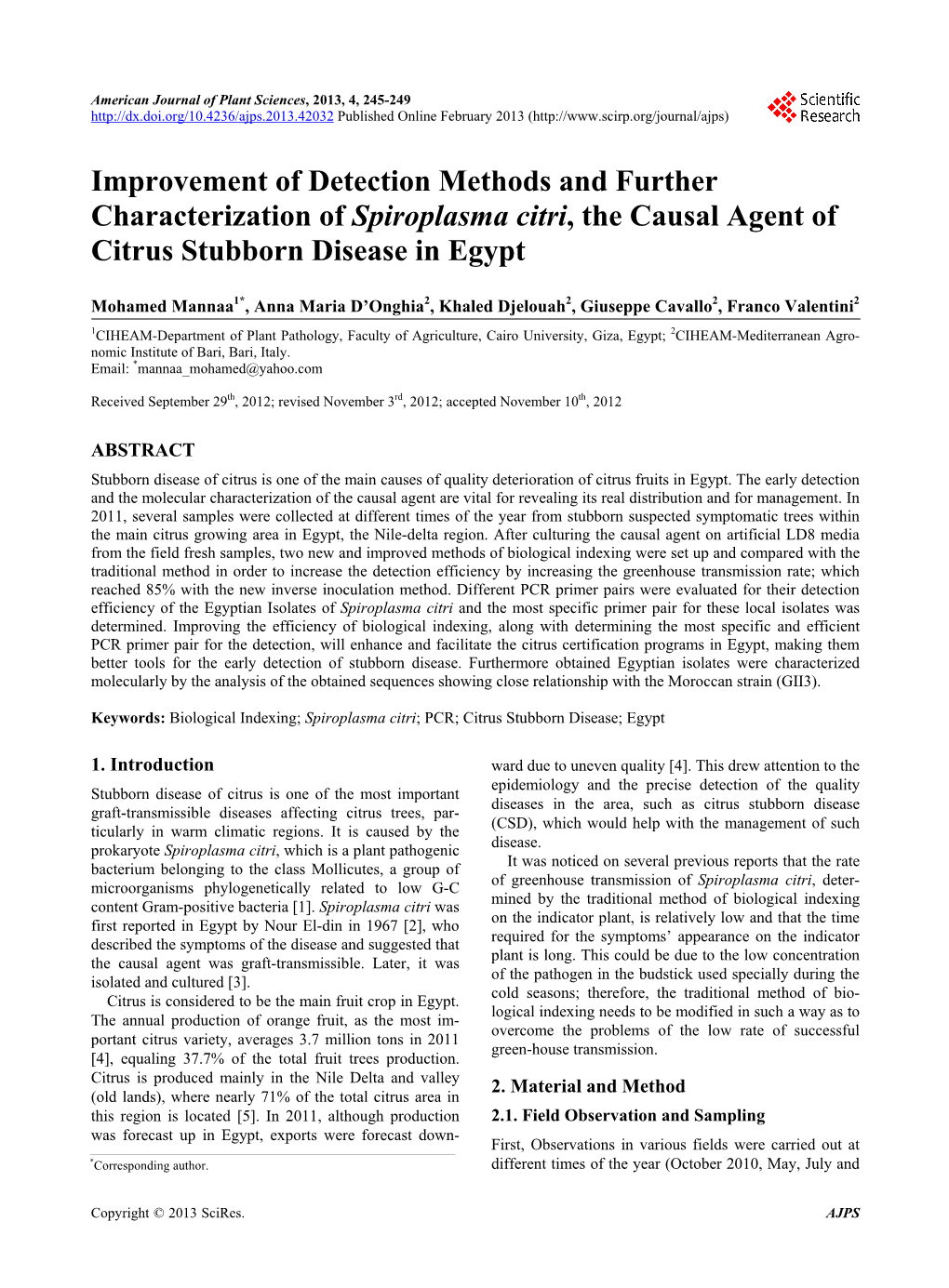 Improvement of Detection Methods and Further Characterization of Spiroplasma Citri, the Causal Agent of Citrus Stubborn Disease in Egypt