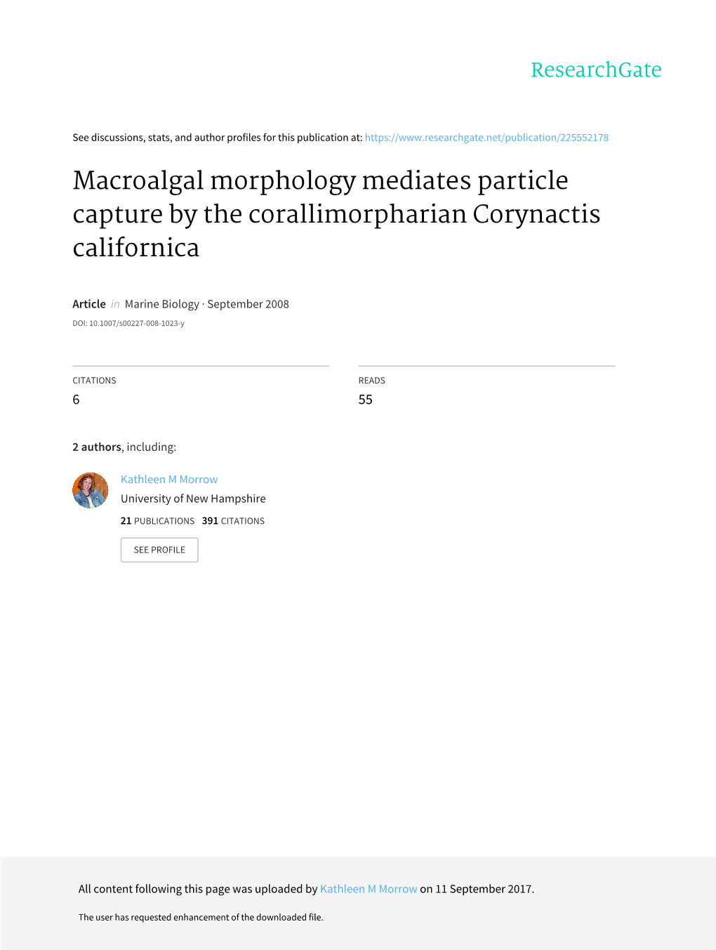Macroalgal Morphology Mediates Particle Capture by the Corallimorpharian Corynactis Californica