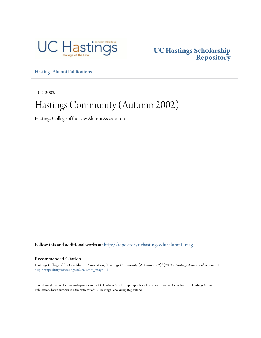 Hastings Community (Autumn 2002) Hastings College of the Law Alumni Association