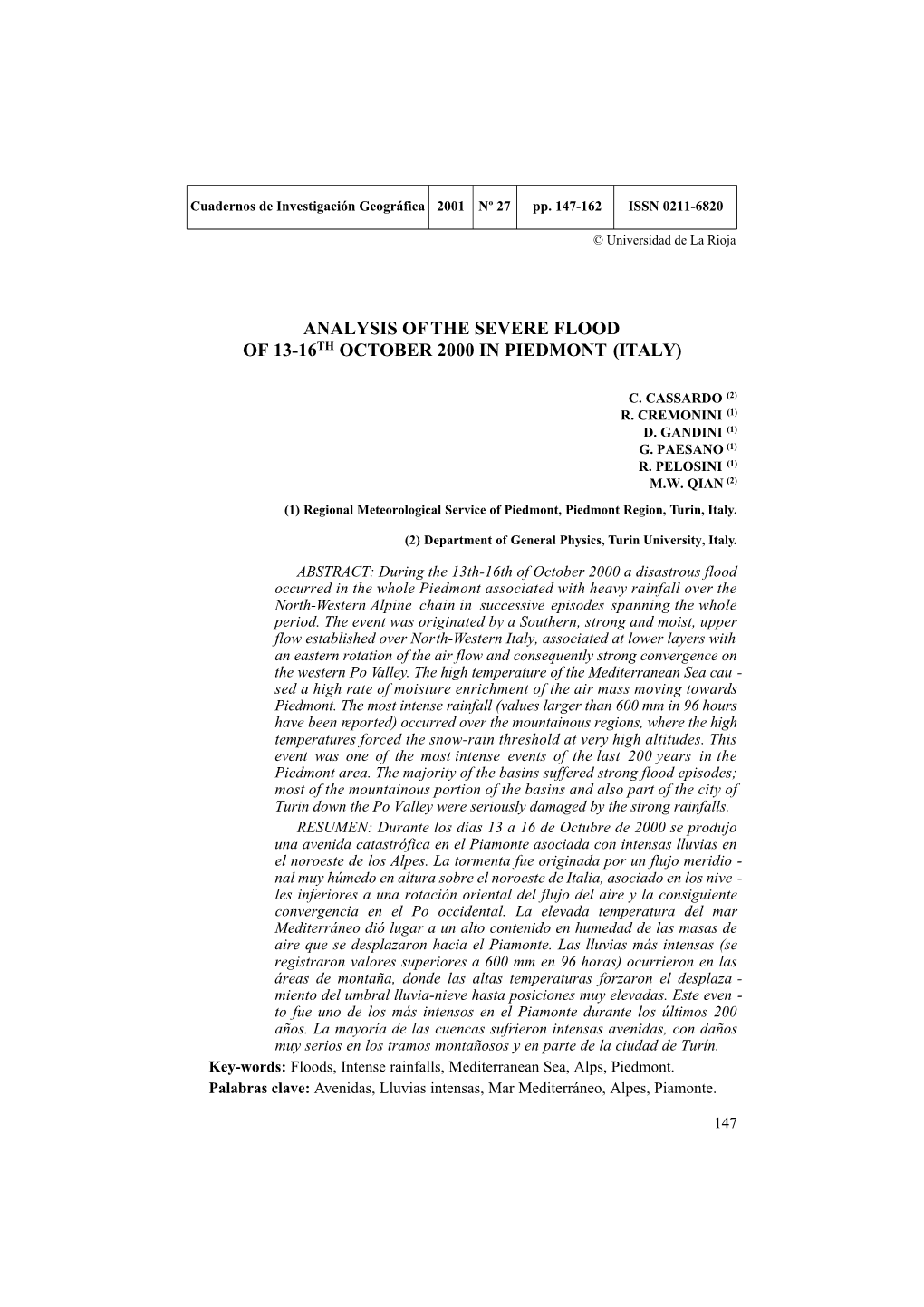 Analysis of the Severe Flood of 13-16Th October 2000 in Piedmont (Italy)