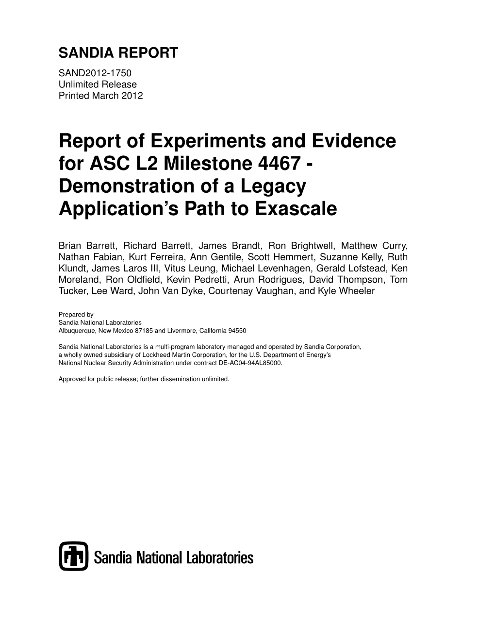 Report of Experiments and Evidence for ASC L2 Milestone 4467 - Demonstration of a Legacy Application’S Path to Exascale