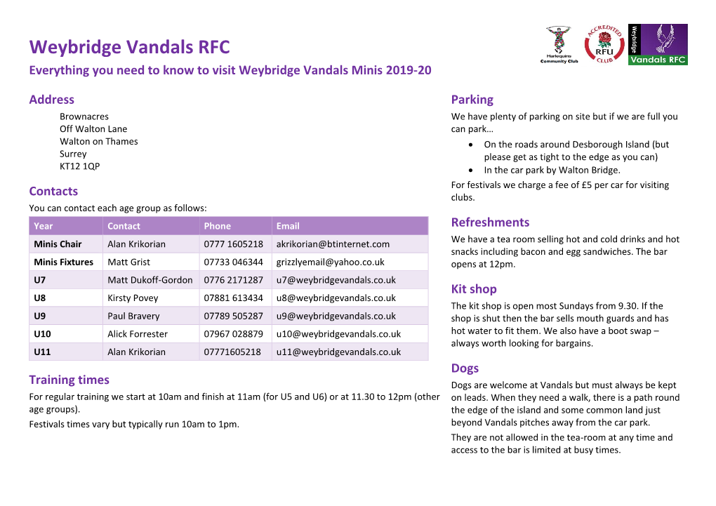 Weybridge Vandals RFC Mini/Junior Registration Form 2007-2008