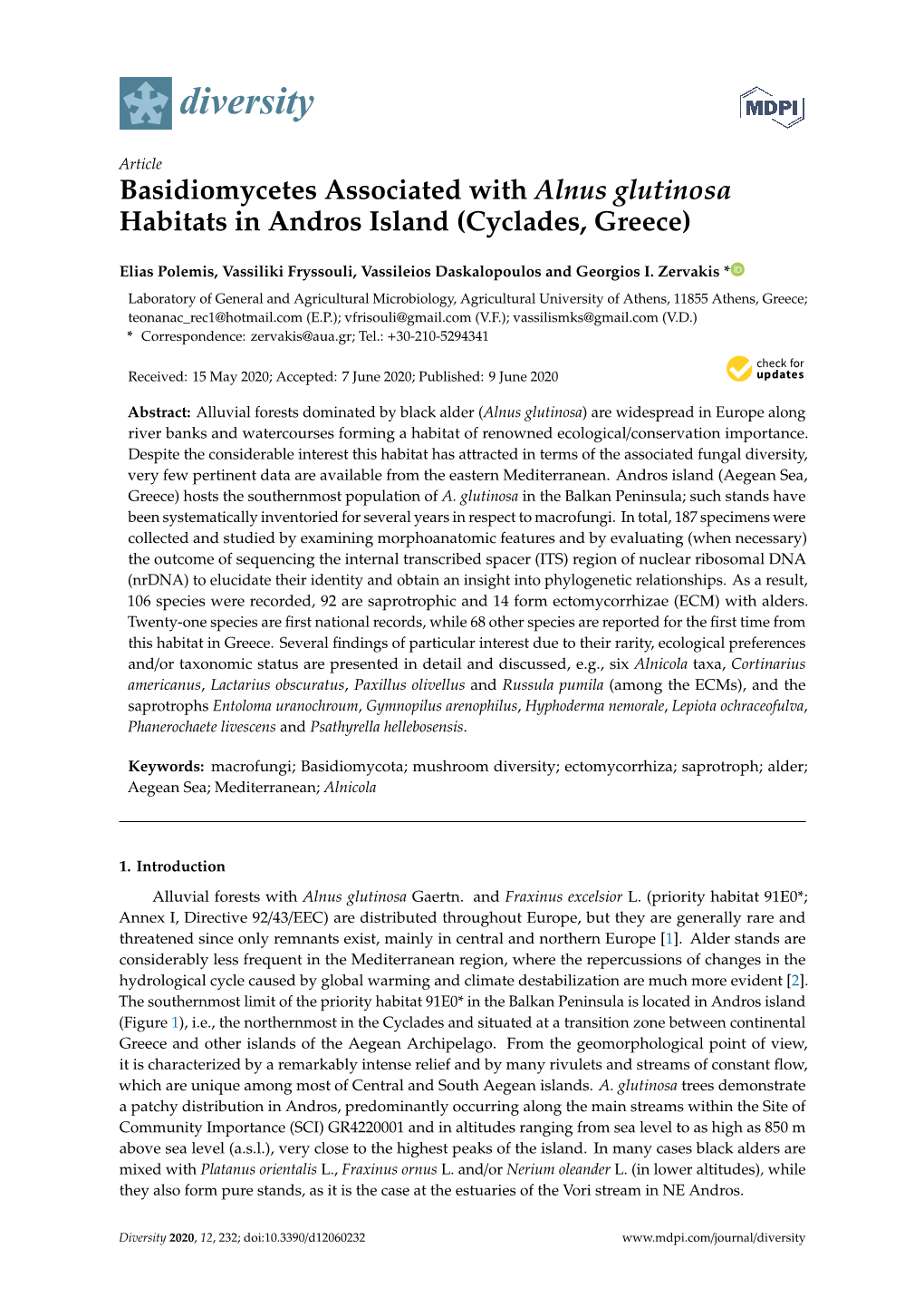 Basidiomycetes Associated with Alnus Glutinosa Habitats in Andros Island (Cyclades, Greece)