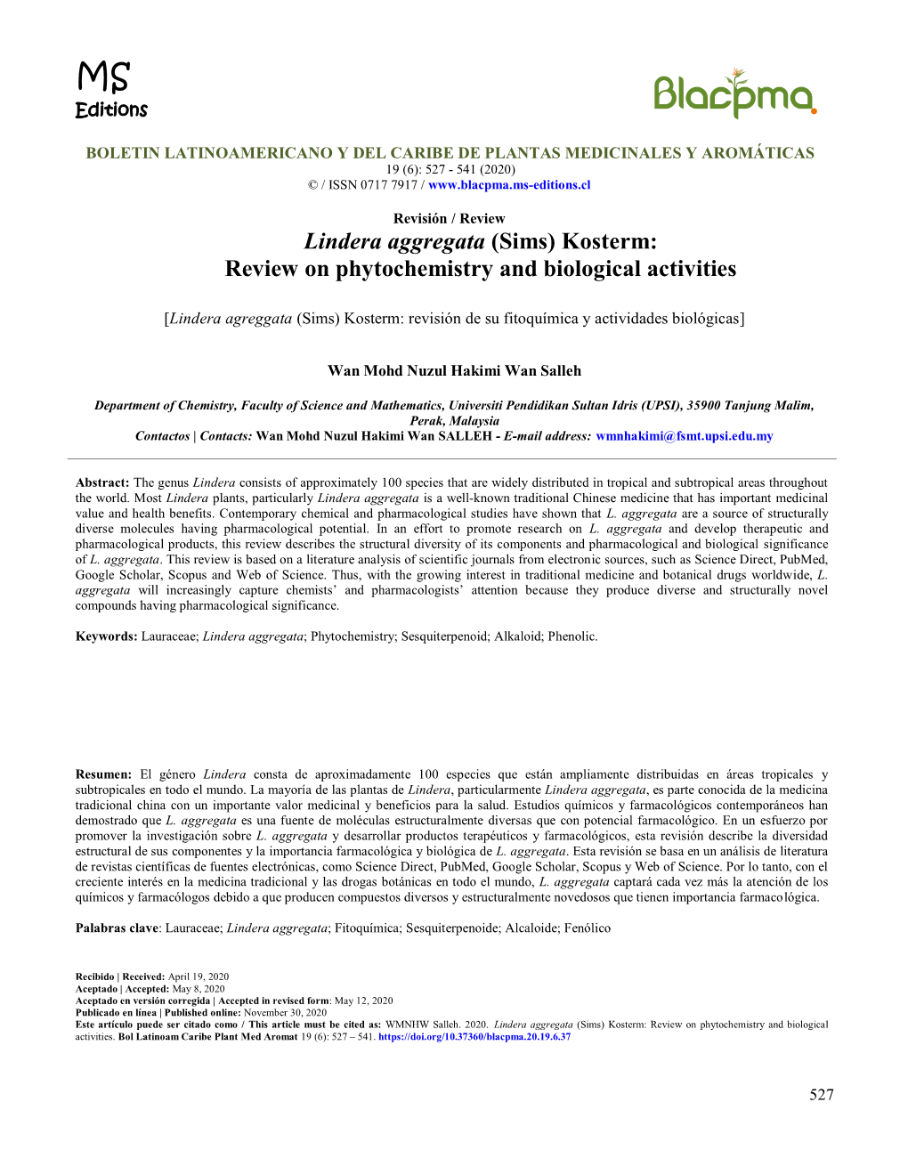 Lindera Aggregata (Sims) Kosterm: Review on Phytochemistry and Biological Activities