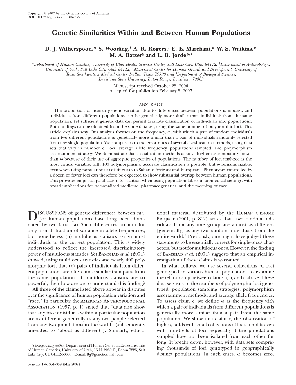 Genetic Similarities Within and Between Human Populations