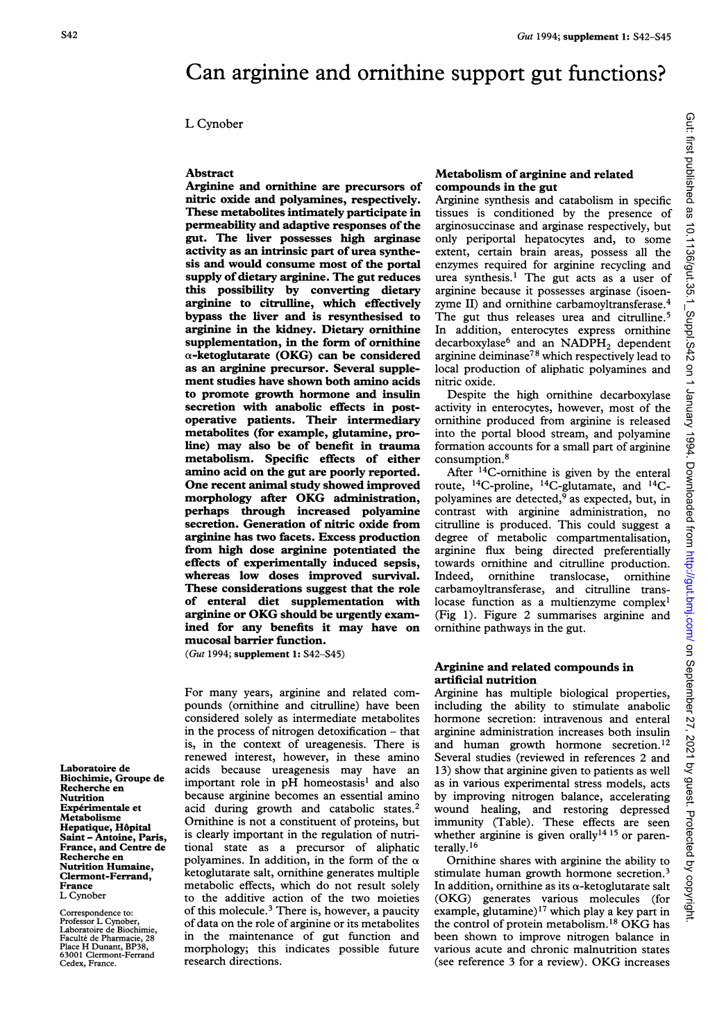 Can Arginine and Omithine Support Gut Functions? Gut: First Published As 10.1136/Gut.35.1 Suppl.S42 on 1 January 1994