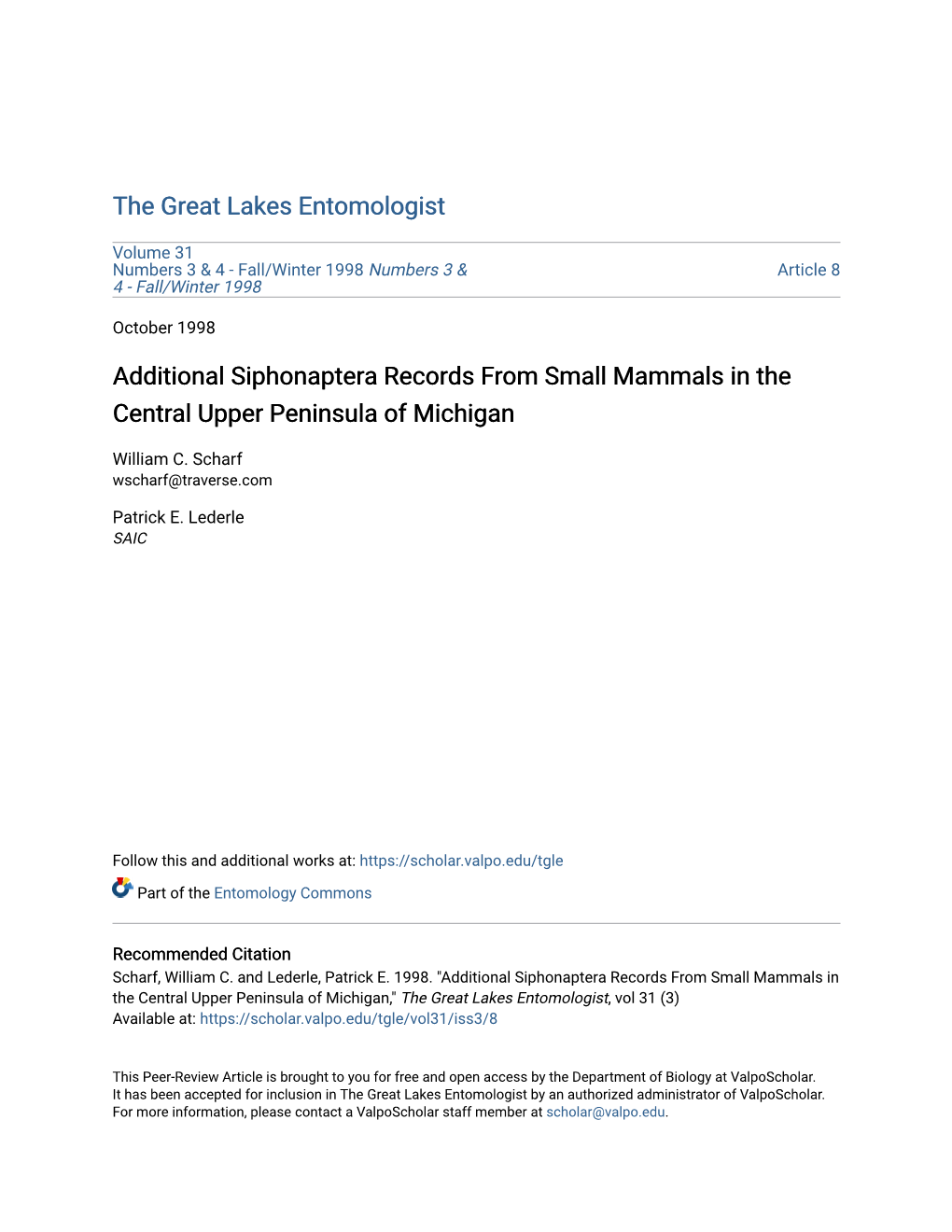 Additional Siphonaptera Records from Small Mammals in the Central Upper Peninsula of Michigan