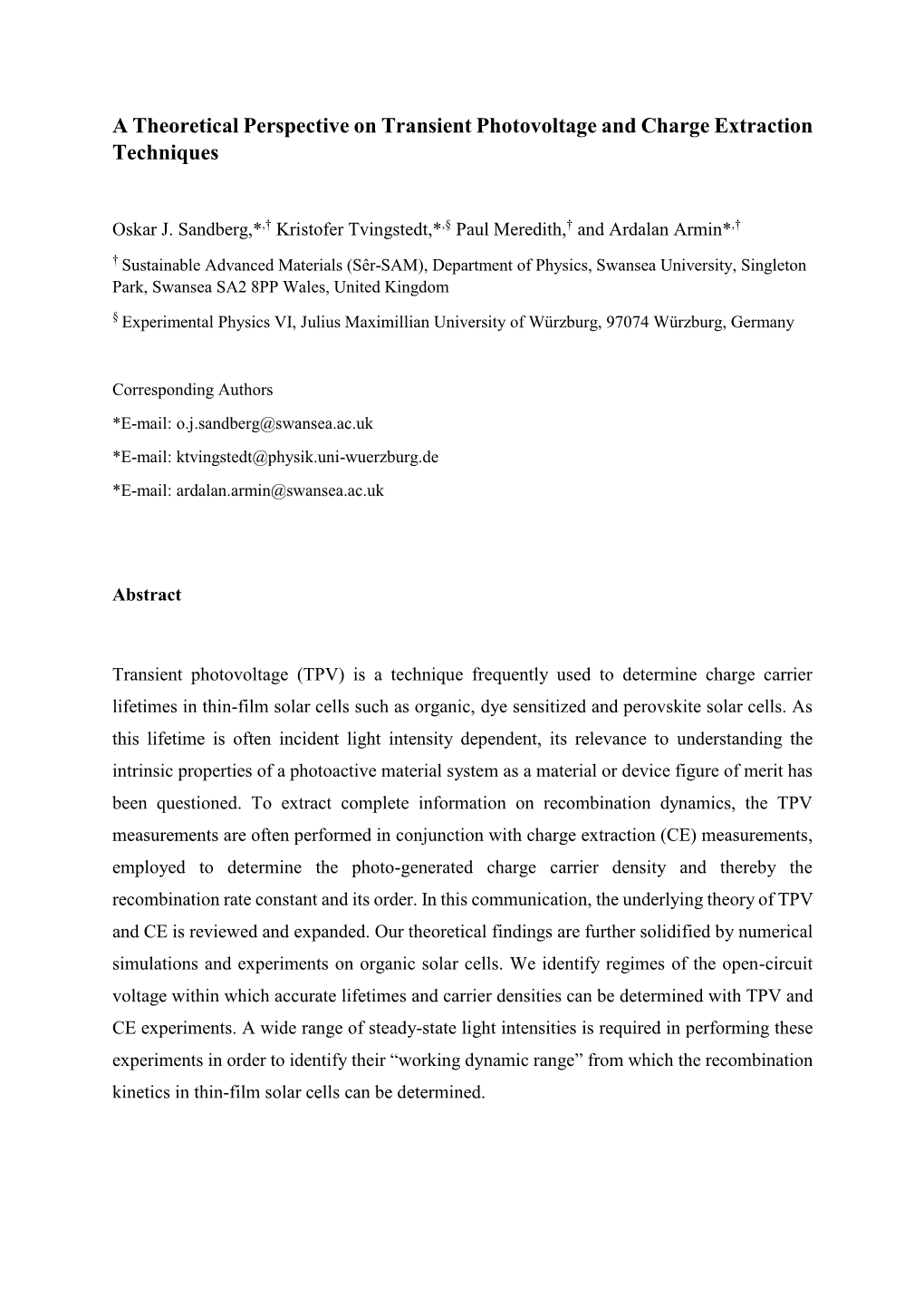 A Theoretical Perspective on Transient Photovoltage and Charge Extraction Techniques