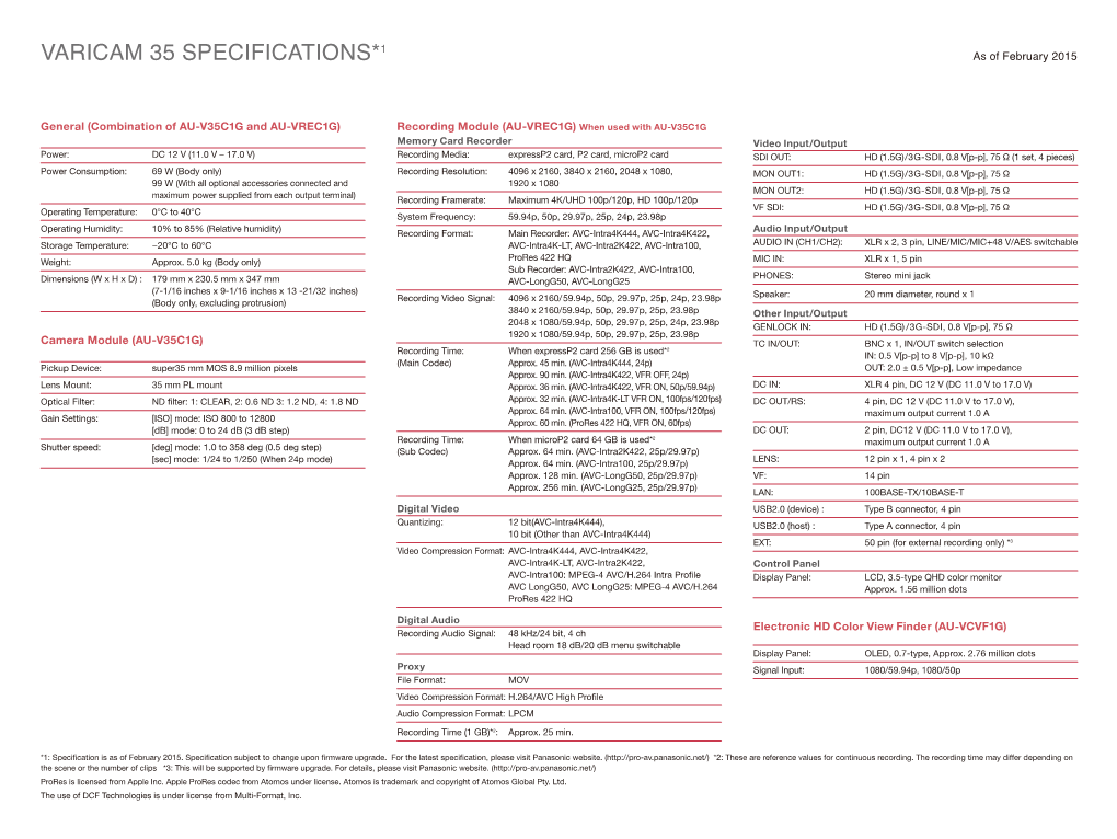 Varicam 35 Specifications*1