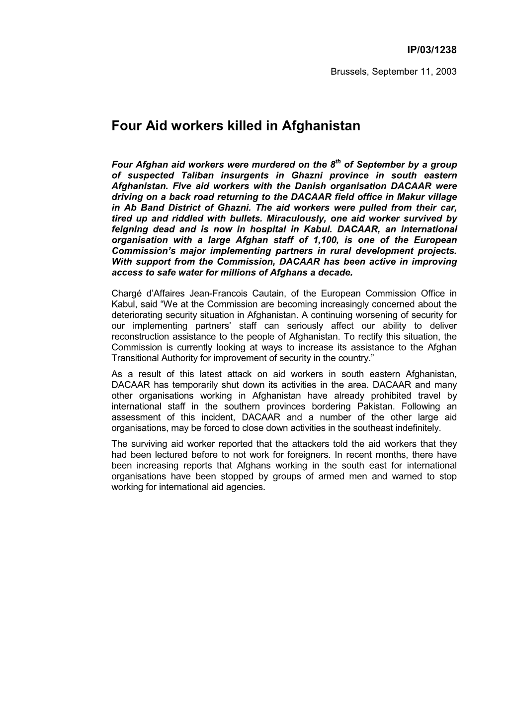 Four Aid Workers Killed in Afghanistan