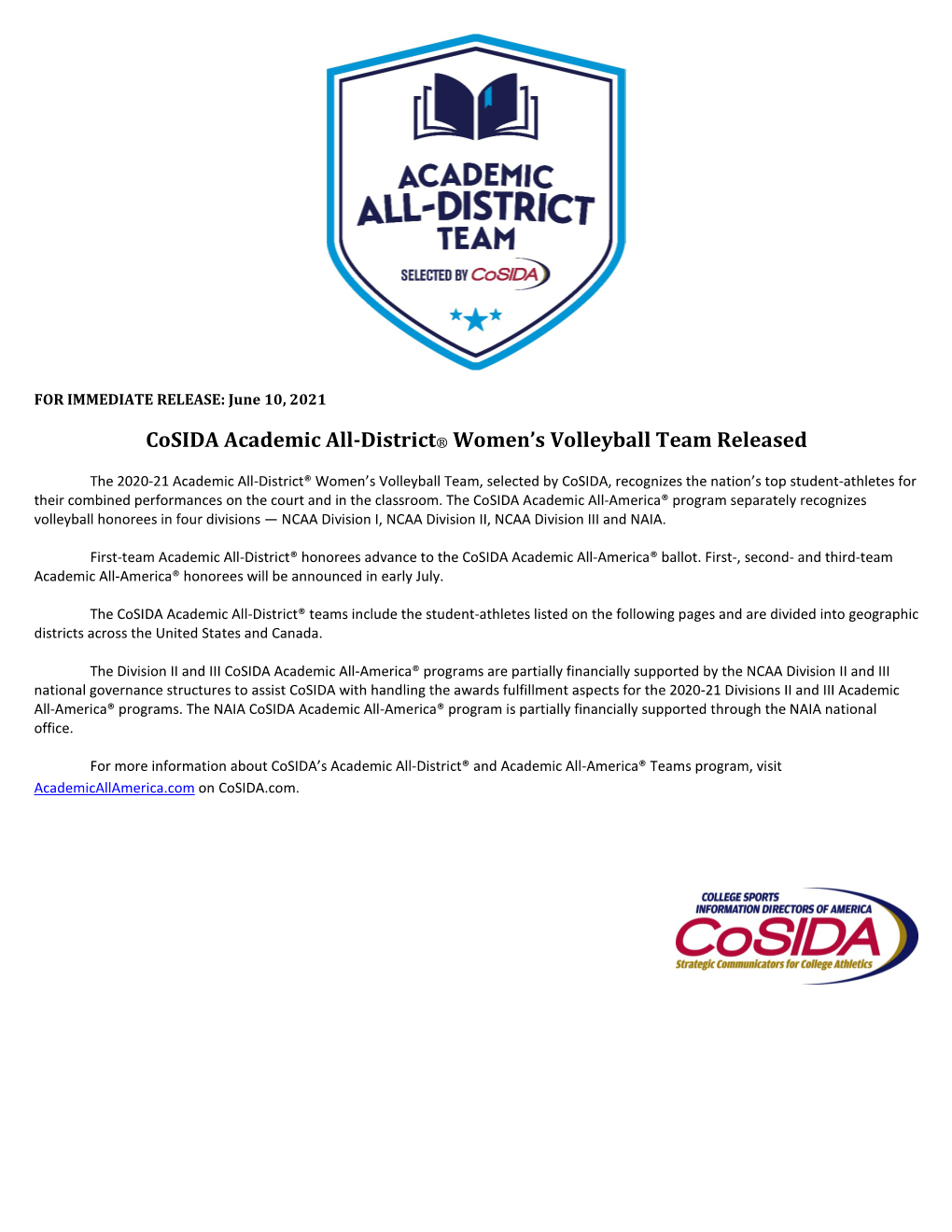 Cosida Academic All-District® Women's Volleyball Team Released