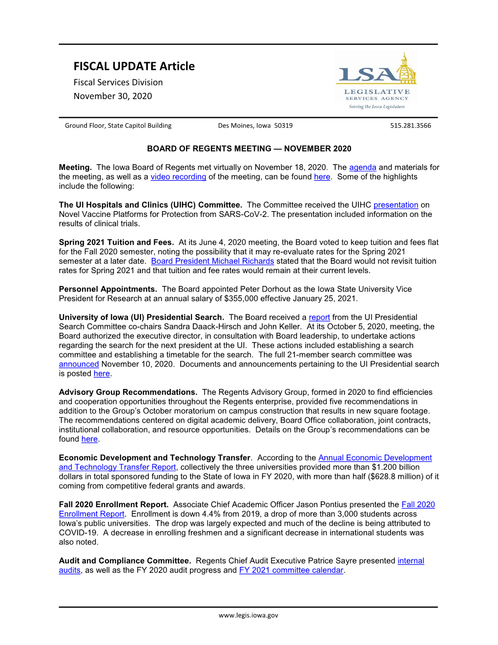 FISCAL UPDATE Article Fiscal Services Division November 30, 2020